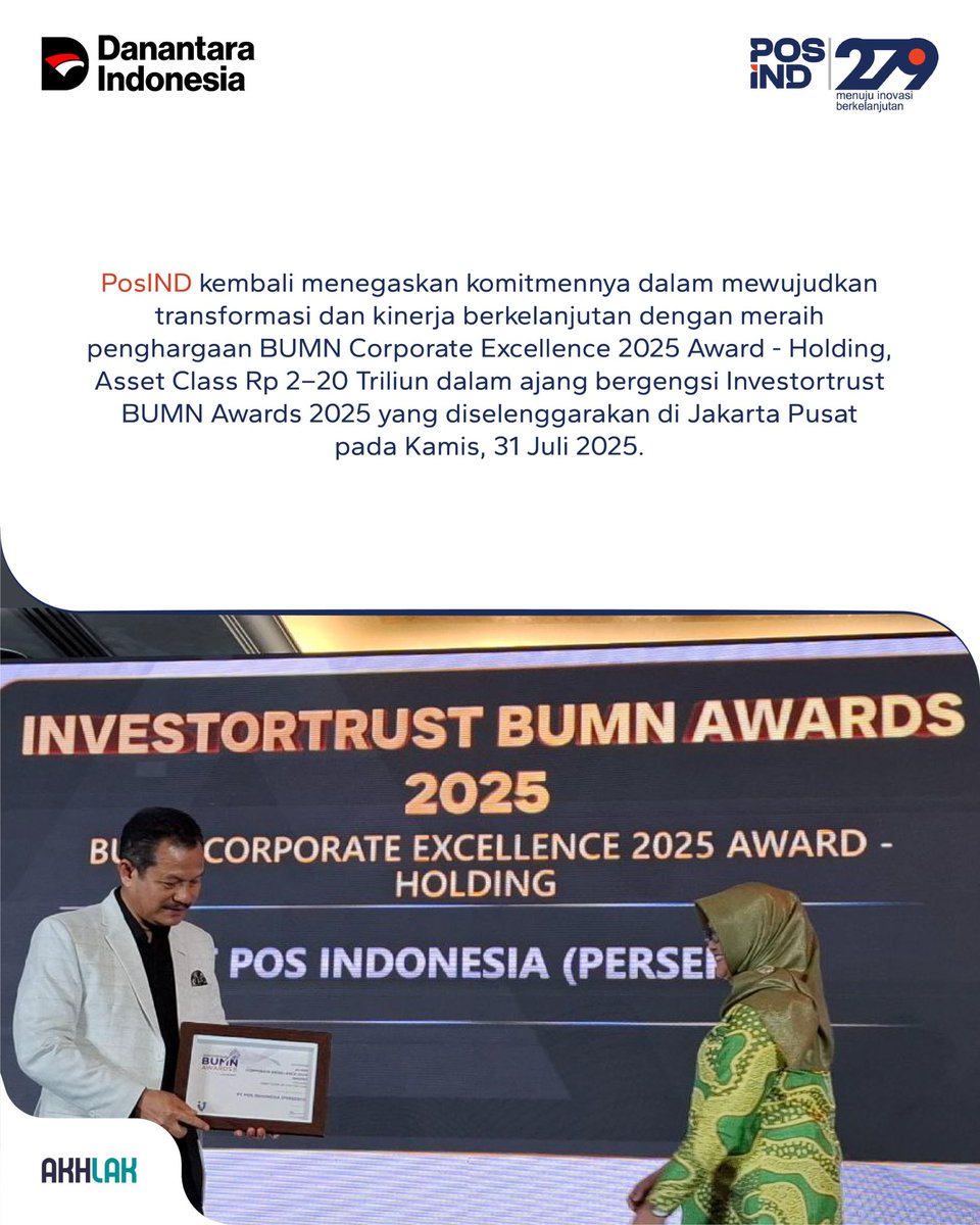 PosIndonesia's tweet photo. PosIND kembali mencatatkan prestasi membanggakan dengan meraih BUMN Corporate Excellence 2025 Award – Holding, Asset Class Rp 2–20 Triliun dari https://t.co/TbOM2ZXX6X.
#PosIND
#PosIndonesia
#KantorPos
#PosPay
#PosAja
#KirimPaketPos
#BUMN
#279thPosIND
#MenujuInovasiBerkelanjutan https://t.co/Hk3L2JWMGv