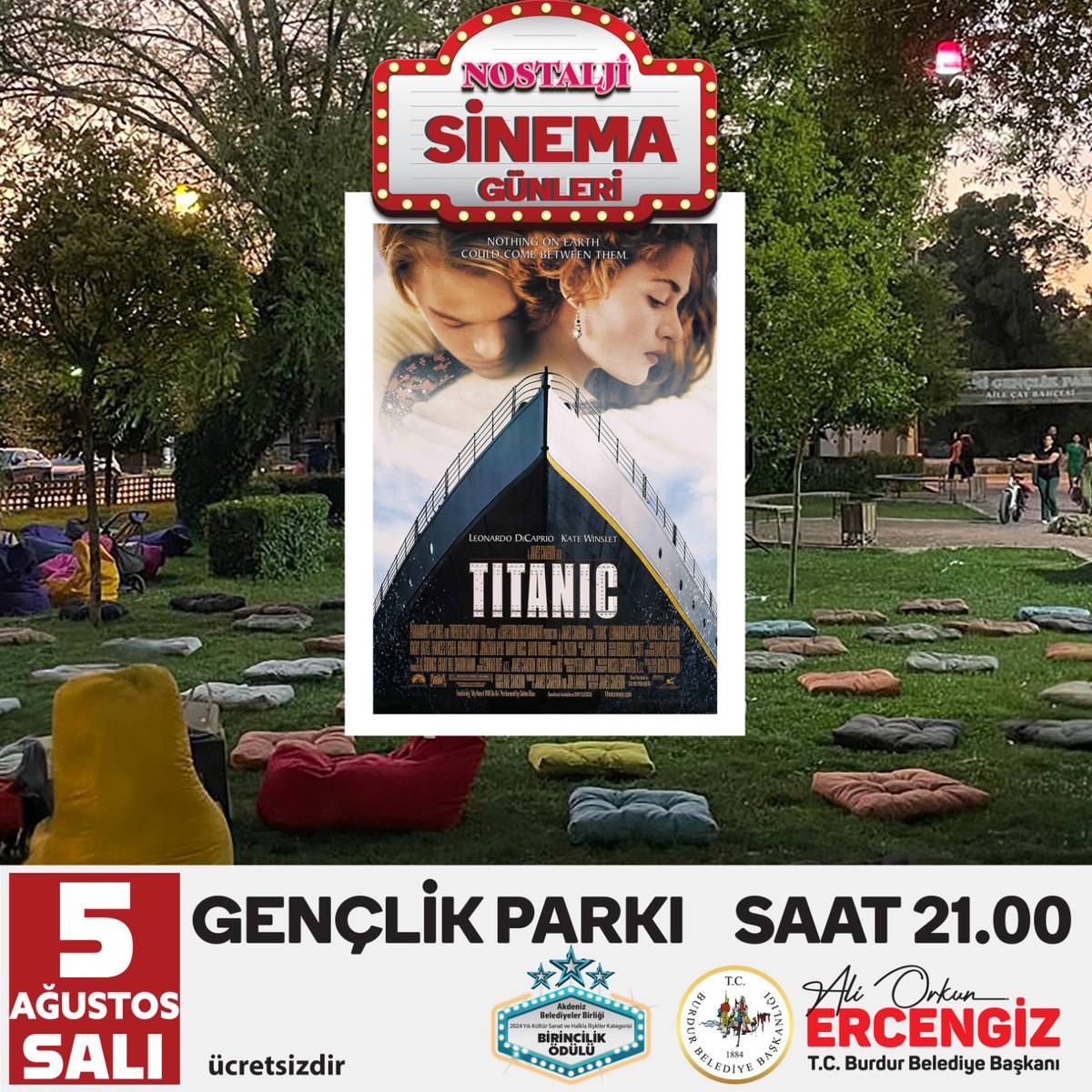 T.C. BURDUR BELEDİYESİ (@burdurbld) on Twitter photo Bir döneme damga vuran efsane film Titanic, 5 Ağustos Salı günü saat 21.00’de Gençlik Parkı’nda sinemaseverlerle buluşuyor!
🎞️ Açık havada film keyfi, nostaljik bir atmosfer ve unutulmaz anlar sizleri bekliyor.
📍 Gençlik Parkı
🕘 21.00
Tüm halkımız davetlidir
<a href="/orkunercengiz/">A.Orkun Ercengiz🇹🇷</a> Bir döneme damga vuran efsane film Titanic, 5 Ağustos Salı günü saat 21.00’de Gençlik Parkı’nda sinemaseverlerle buluşuyor!
🎞️ Açık havada film keyfi, nostaljik bir atmosfer ve unutulmaz anlar sizleri bekliyor.
📍 Gençlik Parkı
🕘 21.00
Tüm halkımız davetlidir
<a href="/orkunercengiz/">A.Orkun Ercengiz🇹🇷</a>