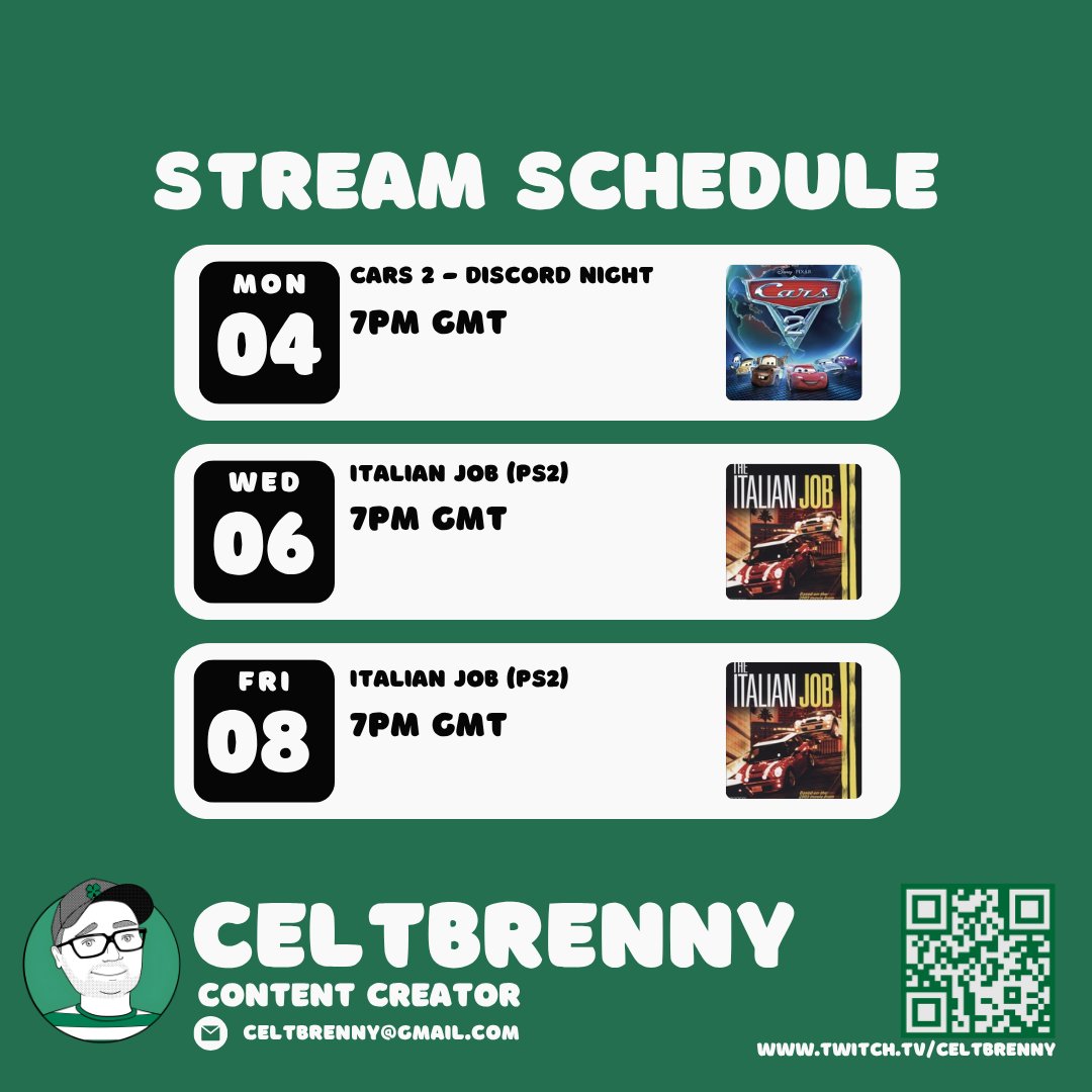 Celtbrenny ✨ (@celtbrenny) on Twitter photo Nice chilled week ahead!
Cosy night in at the Discord with Storm Floris tonight with a 100% chance of Lightning with Cars 2 in the Discord! ⚡️
Debut in both the backlog and stream on original hardware with PS2 Italian Job! 🇮🇹🚗
Raffle will be live this week also 🎟️ Nice chilled week ahead!
Cosy night in at the Discord with Storm Floris tonight with a 100% chance of Lightning with Cars 2 in the Discord! ⚡️
Debut in both the backlog and stream on original hardware with PS2 Italian Job! 🇮🇹🚗
Raffle will be live this week also 🎟️