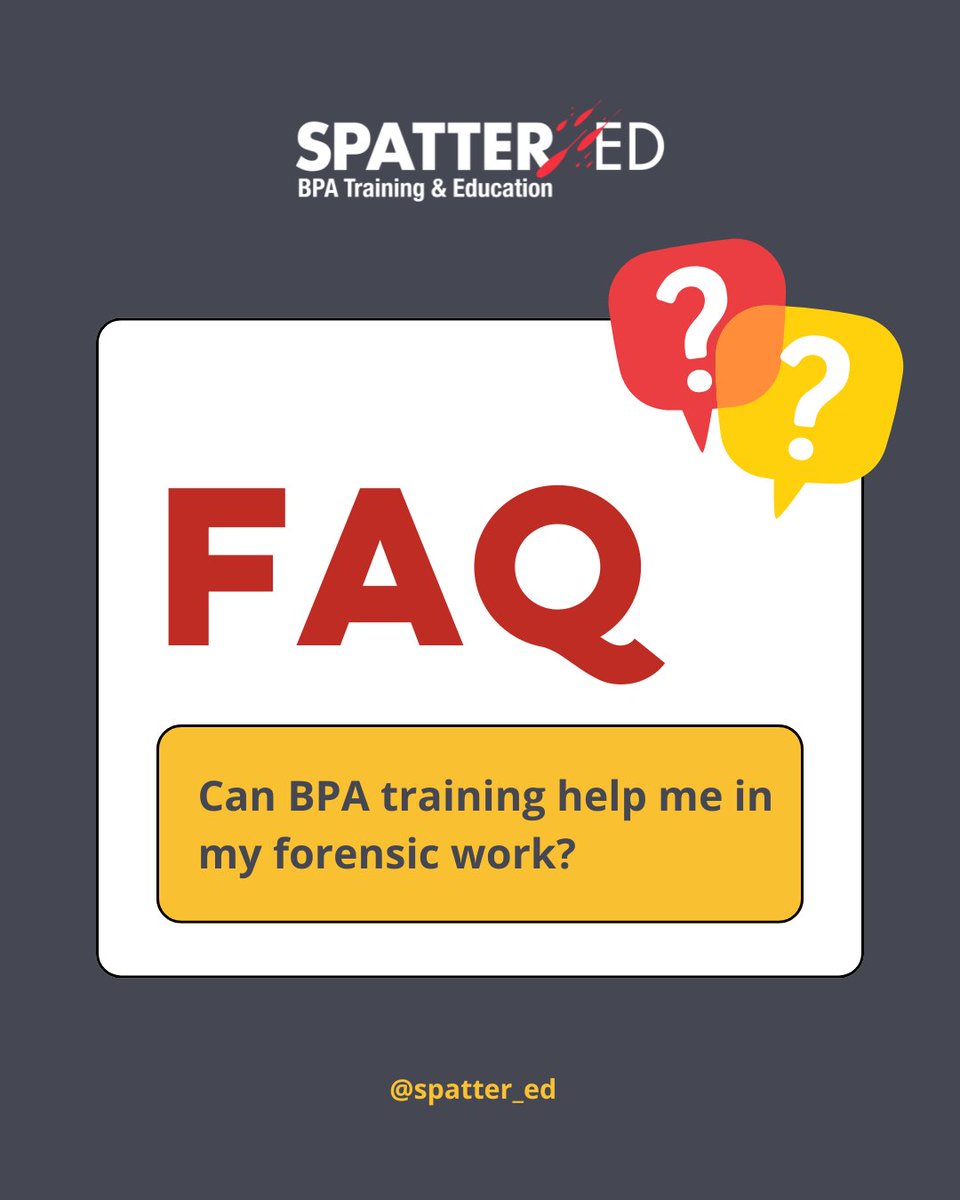 Every crime scene has a story. Are you fluent enough to read it? 👀

You can start your BPA journey with us, or add to the knowledge that you have already. We have training courses for everyone and we will be with you every step of the way.

#SpatterED #BPATraining #IABPA