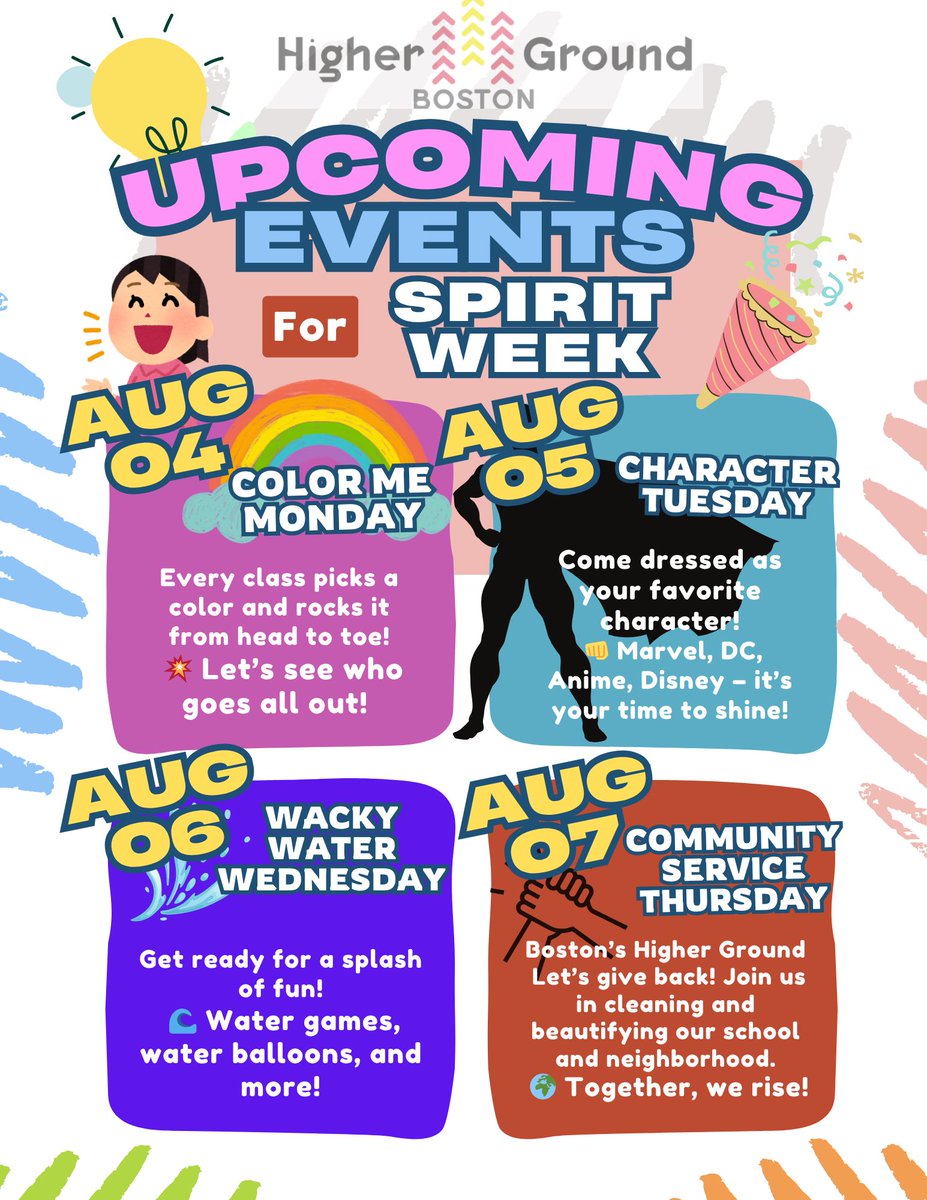 t’s Spirit Week at Higher Ground Boston!
Color Me Monday
Character Tuesday
Wacky Water Wednesday
Community Service Thursday
A week of fun, creativity, and giving back!
#spiritweek #highergroundboston #summerfun #bostonkids