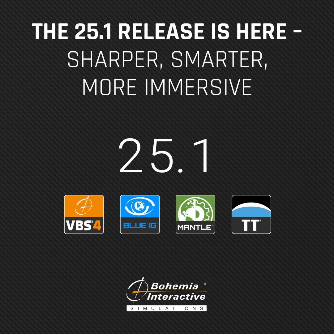 🚨 The BISim 25.1 Release Trailer is Live! 🚨

See what’s new in VBS4, VBS Blue IG, Mantle, and TerraTools in the 25.1 release, from enhanced terrain realism to improved AI and faster scenario creation.

🎥 Watch the trailer now: buff.ly/Cetiefb

#BISim25_1Release