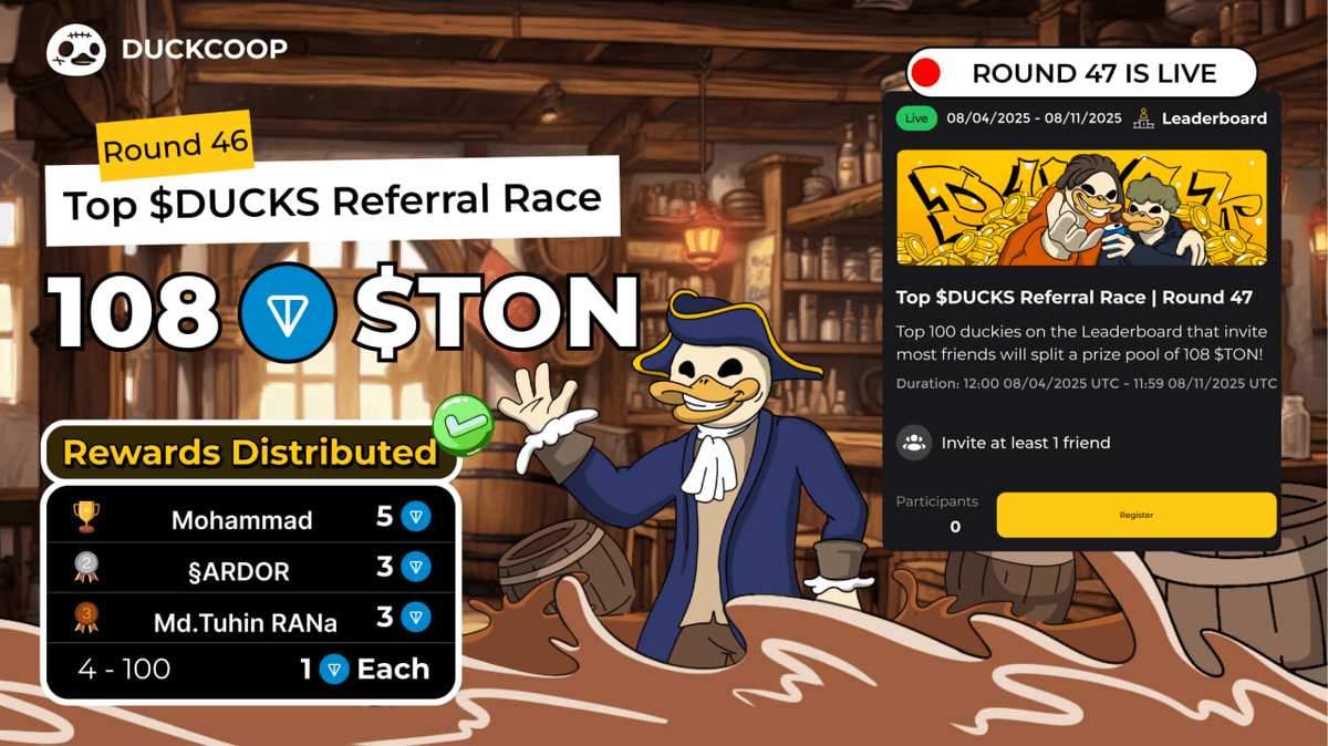 Ducks_realcoop's tweet photo. 🎁 Top $DUCKS Referral Race Round 46: 108 $TON Rewards Distributed 🏆

Round 46 is over, and the champions are here! 👇 

🥇 Mohammad - 5 $TON
🥈 §ARDOR - 3 $TON
🥉 Md.Tuhin RANa - 3 $TON

Duckies rank 4-100 on the Leaderboard will each get 1 $TON! 💎 

🔥 Top $DUCKS Referral Race Round 47 is already started in the App now! ✅ 

🎁 Total Prize: 108 $TON
🗓 Duration: 7 days (12:00 UTC, 04 Aug - 12:00 UTC, 11 Aug)
👉 Join now: https://t.co/djCKFJ0CIw