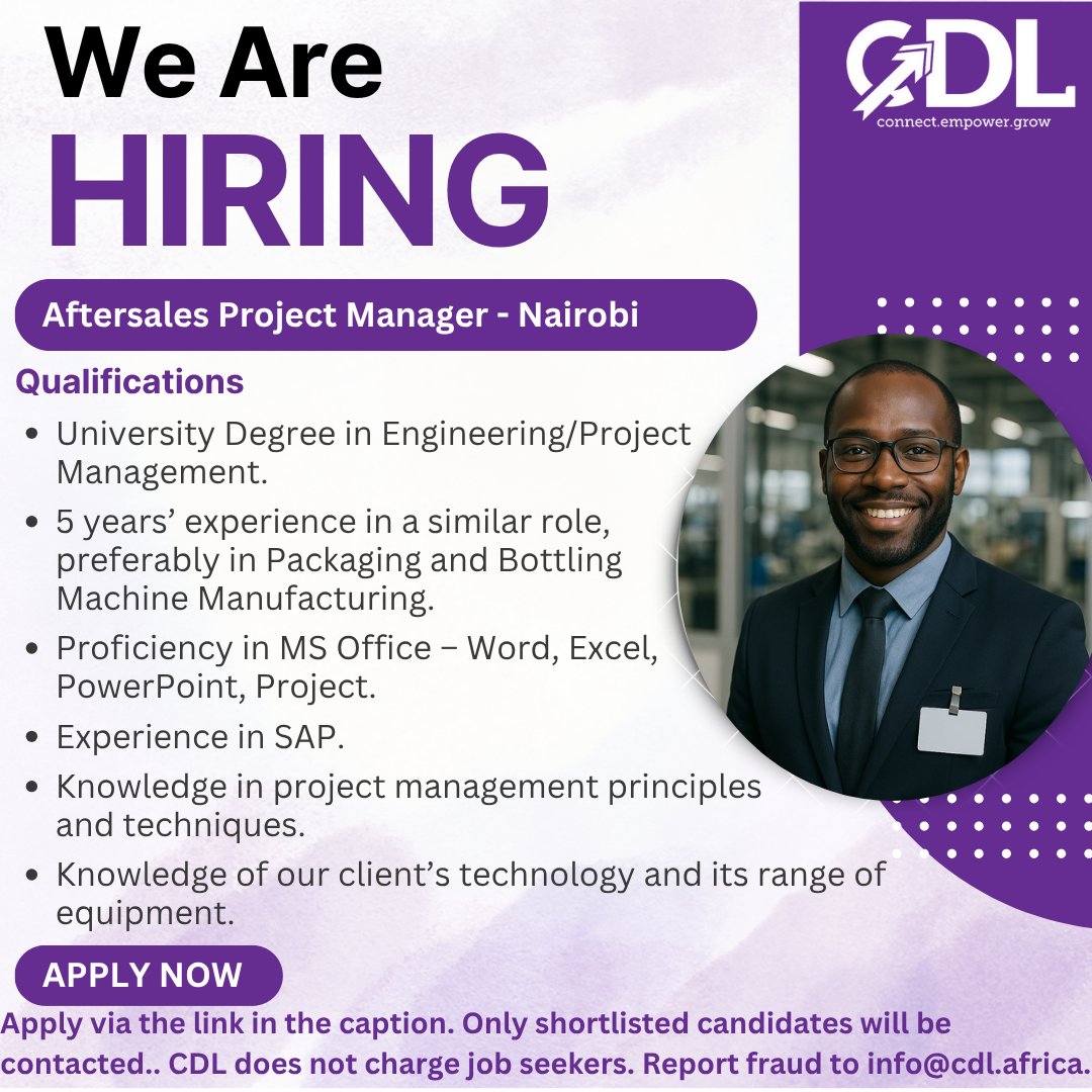 CDLAfrica's tweet image. We&apos;re Hiring: Aftersales Project Manager
We’re looking for a results-driven Aftersales Project Manager to oversee client success, manage aftersales operations, and drive value delivery.
Apply Now: zurl.to/aLsU?source=Ca…

#ProjectManagerJobs #TechnicalAccountManager #NowHiring