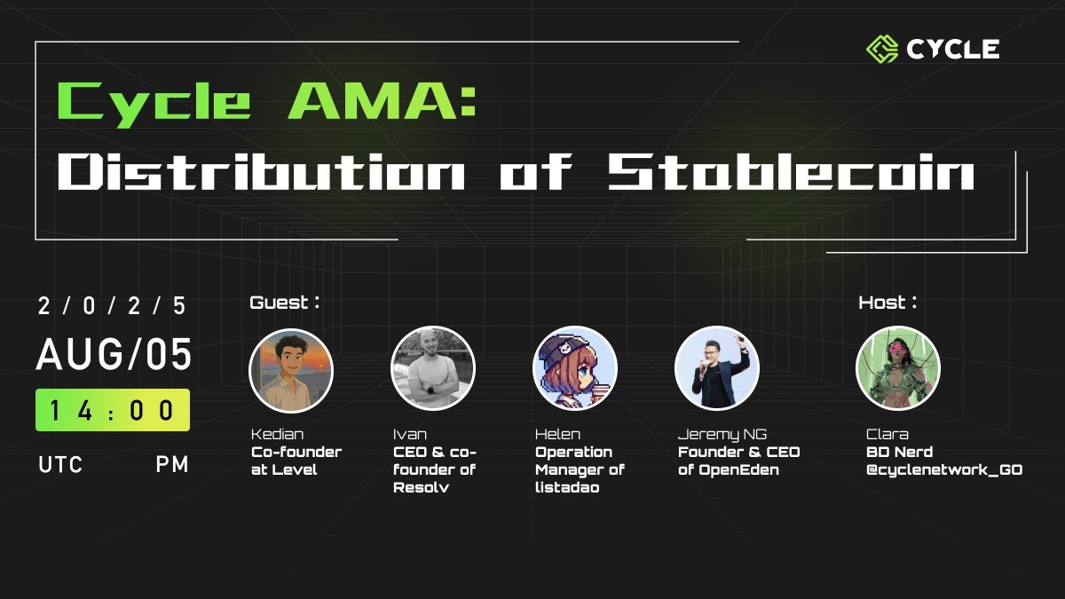 cyclenetwork_GO's tweet image. 🎙 #Cycle AMA: Distribution of Stablecoin

How does multi-chain settlement of Cycle empower stablecoin?
How are stablecoin protocols reshaping distribution and adoption?

Join us for a deep dive with top minds:
🗓 August 5, 14:00 UTC
📍 x.com/i/spaces/1YpKk…
👩‍💼 Host:
✨…