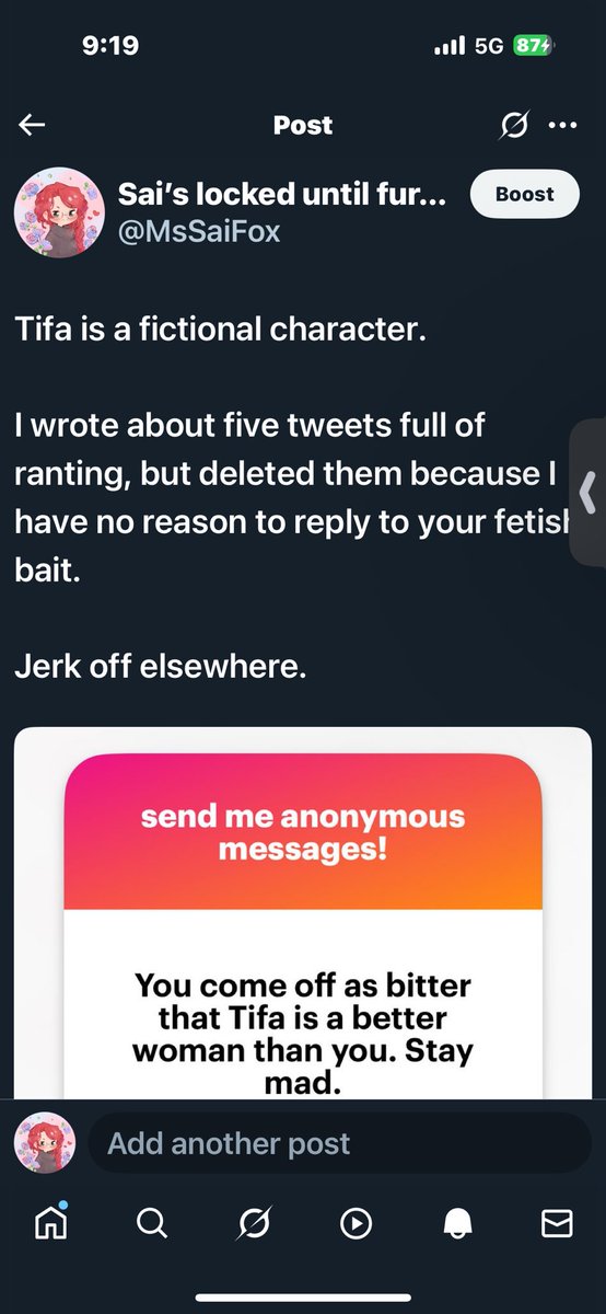 <a href="/rematched073681/">Rematched</a> <a href="/bowieaeris/">bonnie 𝜗𝜚</a> The thread Bonnie took this from was someone saying I was “less of a woman” than Tifa and that I was “bitter” about it. 

She purposely misled people by cherry-picking comments, ignoring the context that, you know, I’m a real woman.