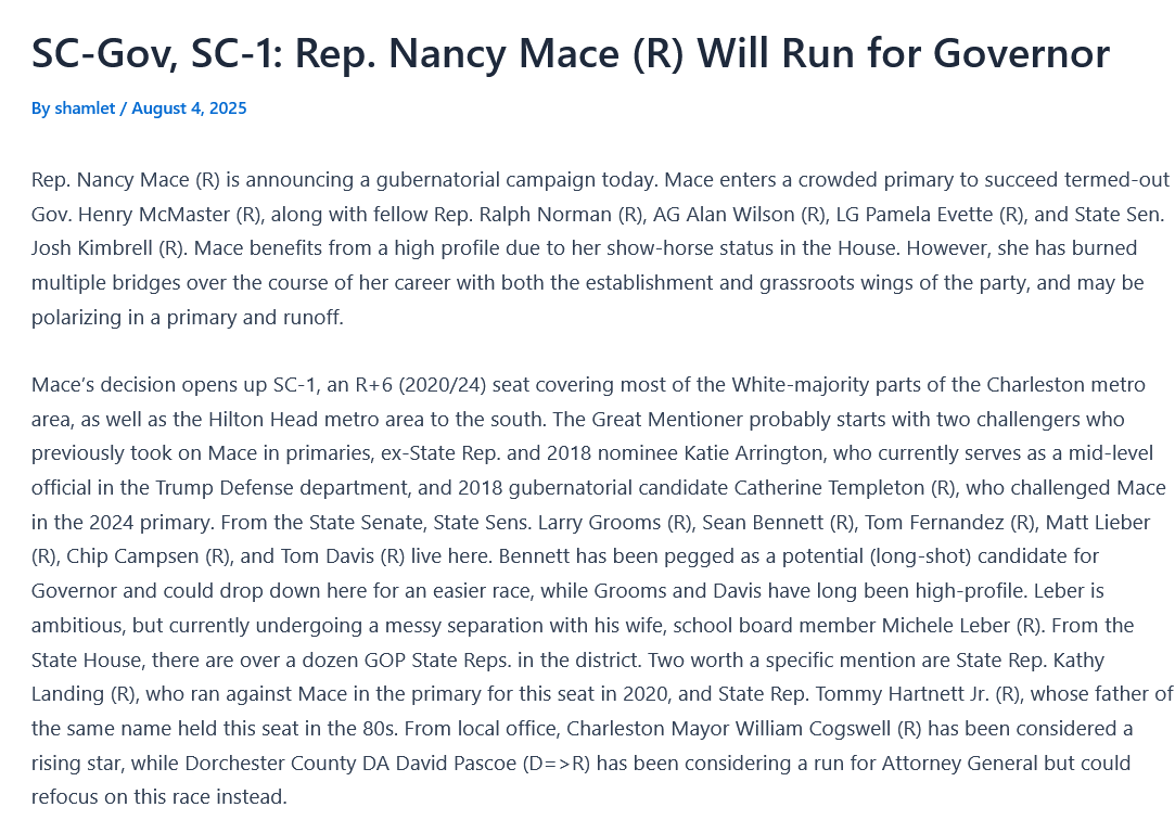 RRHElections's tweet photo. #SCGov Rep. Nancy Mace (R) will run for Governor. We have analysis of her entry into the race and a Great Mentioner for her Charleston-area #SC01 seat here: https://t.co/50VGoCPn1l