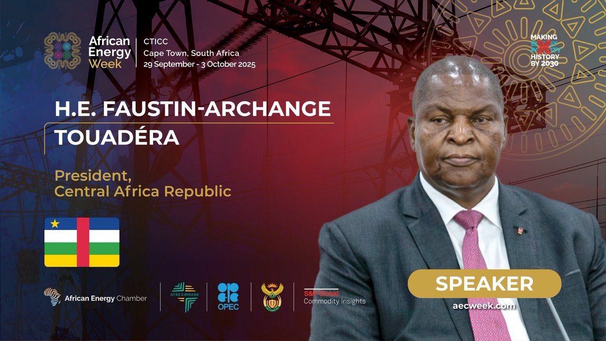 Central African Republic President Faustin-Archange Touadéra to Speak at AEW: Invest in African Energies 2025

Faustin-Archange Touadéra (<a href="/FA_Touadera/">Faustin-Archange Touadéra</a>), President, Central African Republic (CAR) is confirmed to speak at this year’s #AEW: Invest in African Energies 2025, taking