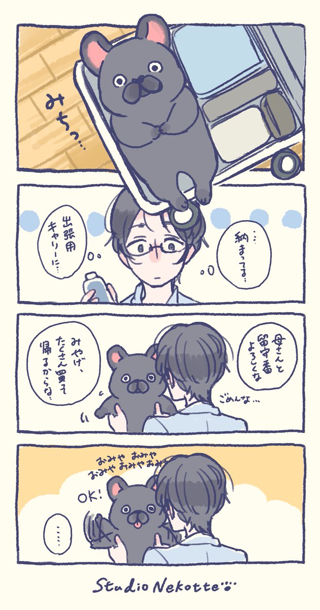 「私を出張に連れてって」
#illustration  #イラスト #ゆるいイラスト  #ゆるい絵  #フレンチブルドッグ #フレブル #frenchbulldog #漫画が読めるハッシュタグ #スタジオネコッテ