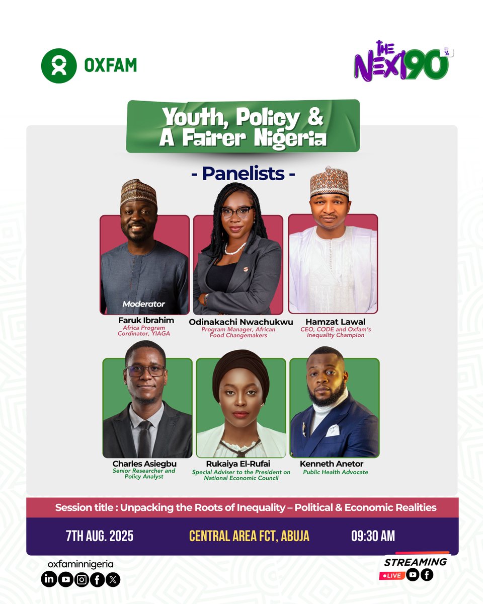 oxfaminnigeria's tweet photo. The full lineup is here! 
Join our our Moderators @IbrhmFaruk &amp; Olawunmi Gbolahan, and all our incredible panelists to demand policy solutions for inequality.

🗓️ Aug 7

Register: https://t.co/MJX0UXFVT7

#ShapeTheNext90 #TheNext90 #OxfaminNigeria #Nigeria https://t.co/bmdzwT4ZrM