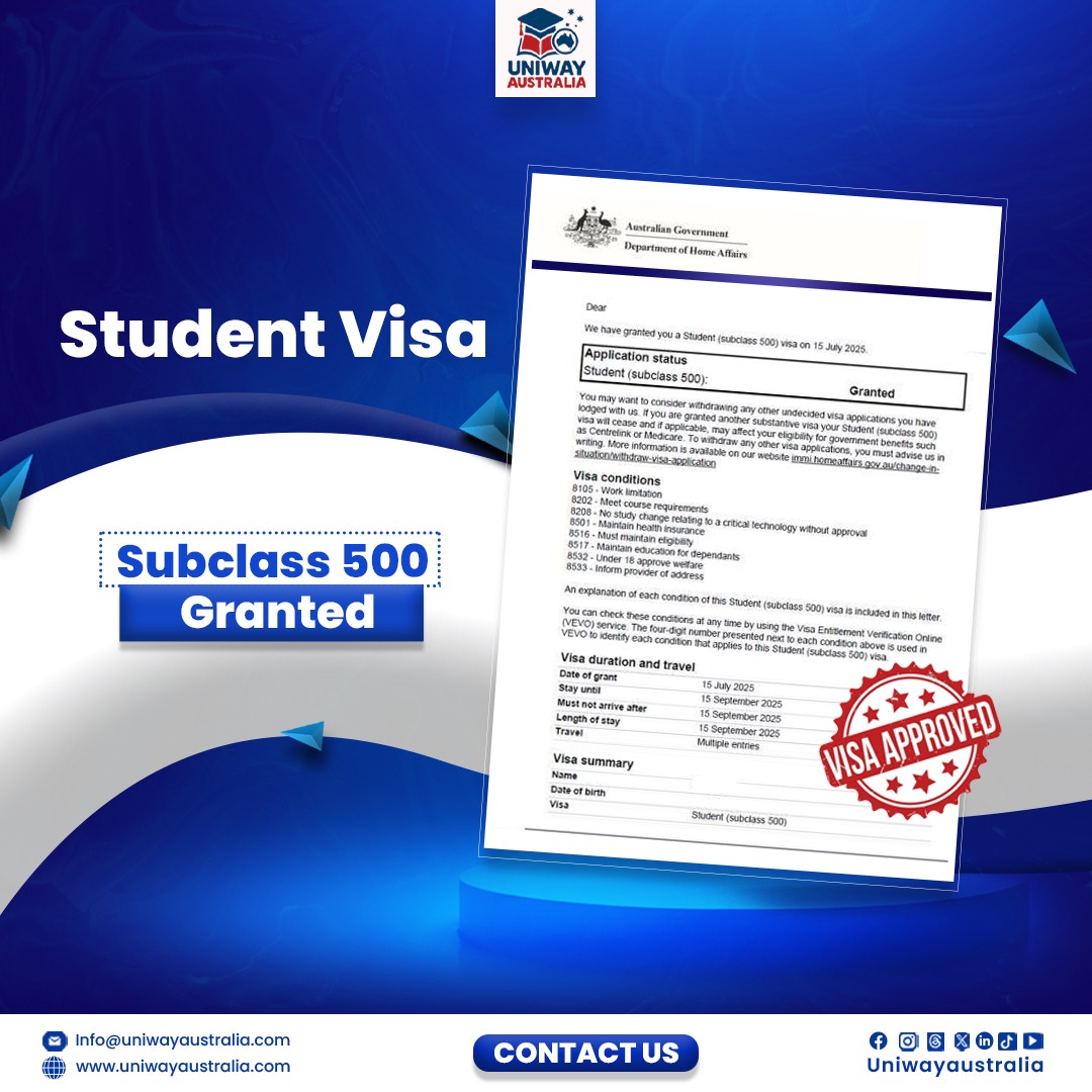 Uniwayaustralia's tweet image. Subclass 500 Granted!
Another dream set in motion with a Student Visa Approval! 🌏✈️

uniwayaustralia.com | info@uniwayaustralia.com
WhatsApp Link: wa.me/message/ESNXEN…
Form Link: forms.office.com/r/GMRL06bQKf

#Subclass500 #StudentVisa #VisaGranted #StudyInAustralia