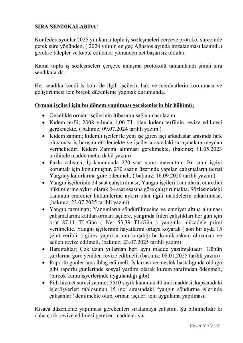 SIRA SENDİKALARDA!

Konfederasyonlar 2025 yılı KÇP sürecinde gerek süre yönünden, ( 2024 yılının en geç Ağustos ayında imzalanması lazımdı.) gerekse talepler ve kabul edilenler yönünden net başarısız oldular.

Orman işçileri için bu dönem yapılması gerekenlerin bir bölümü;