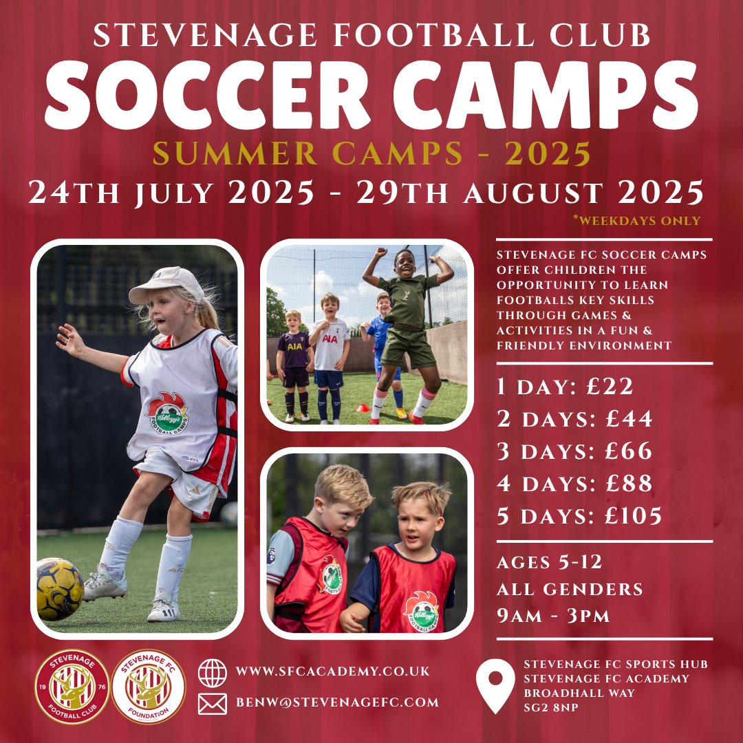 Stevenage FC Sports Hub (@sfcsportshub) on Twitter photo ⚽️ Join the fun this summer at Stevenage FC Soccer Camps!
📅 24 July – 29 August 2025
🕘 9am – 3pm | Ages 5–12 | All genders
📍 Stevenage FC Sports Hub
💻 linktr.ee/stevenagefcspo…
📧 benw@stevenagefc.com ⚽️ Join the fun this summer at Stevenage FC Soccer Camps!
📅 24 July – 29 August 2025
🕘 9am – 3pm | Ages 5–12 | All genders
📍 Stevenage FC Sports Hub
💻 linktr.ee/stevenagefcspo…
📧 benw@stevenagefc.com
