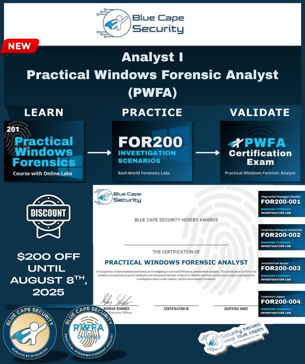 🚀 <a href="/bluecapesec/">bluecapesec</a>  just launched the Practical Windows Forensic Analyst (PWFA) Certification!

It is included in the new Analyst I PWFA Training Track. This track offers a complete learn → practice → validate experience, including:

- 201 Practical Windows Forensics Course (Comes