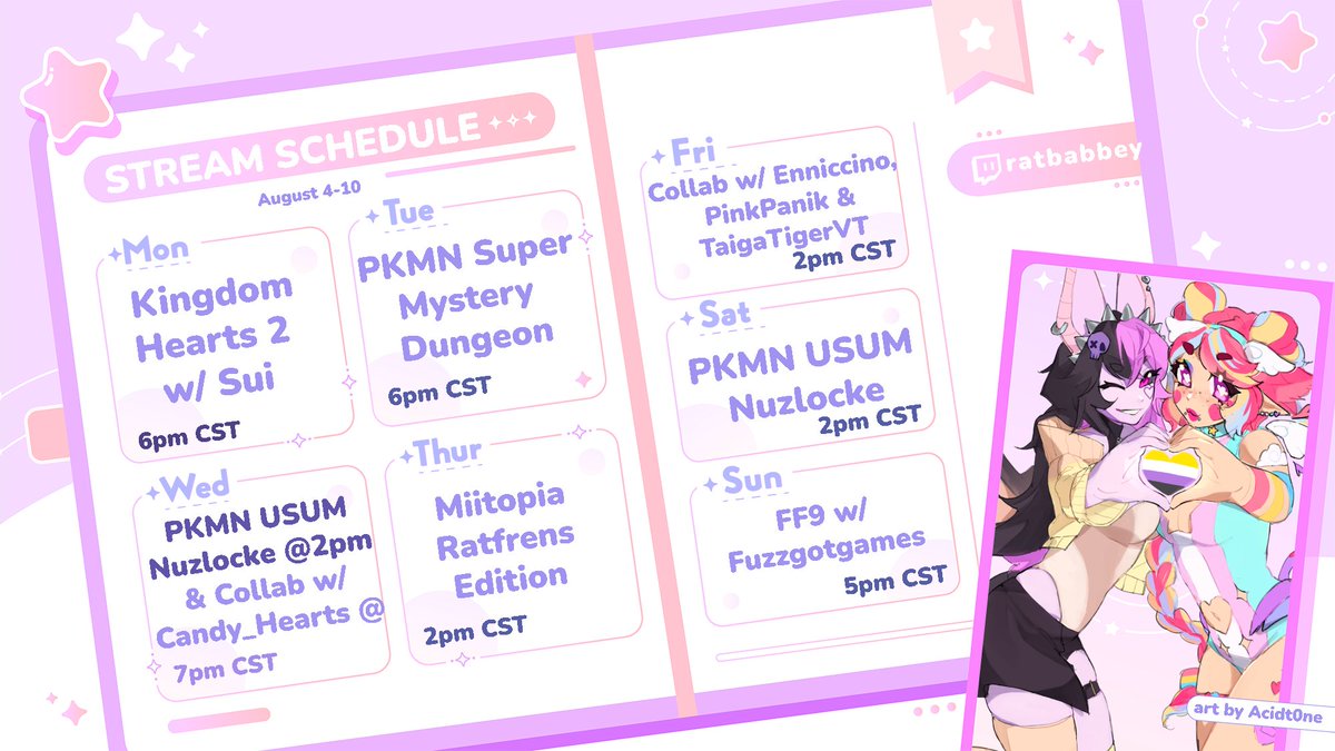 💘🐀✨ratbabbey ✨🎀💕 Virtual Cupid Vtuber! (@ratbabbey) on Twitter photo 🔴STREAM SCHEDULE🔴
🩷 Monday: KH2 w/ <a href="/SuiROBO/">Sui | RoboTuber</a>
🧡Tuesday: PMD Dub
💛Wednesday: Pokémon USUM Nuzlocke & <a href="/C4ndy_Hearts/">Candy Hearts 🩷✨️ Witchy or not-so witchy Vtuber</a> Collab
💚Thursday: Miitopia
💙Friday: Collab w/ <a href="/PinkPanikvt/">PinkPanikvt 🏳️⚧️ 💜💚 VTuber</a> <a href="/TaigaTigervt/">Taiga Tiger</a> <a href="/enniccino/">enniccino.bsky.social</a>
💜Saturday: PKMN USUM Nuzlocke
🩷Sunday: FF9 W/<a href="/fuzzgotgames/">Fuzz</a> 🔴STREAM SCHEDULE🔴
🩷 Monday: KH2 w/ <a href="/SuiROBO/">Sui | RoboTuber</a>
🧡Tuesday: PMD Dub
💛Wednesday: Pokémon USUM Nuzlocke & <a href="/C4ndy_Hearts/">Candy Hearts 🩷✨️ Witchy or not-so witchy Vtuber</a> Collab
💚Thursday: Miitopia
💙Friday: Collab w/ <a href="/PinkPanikvt/">PinkPanikvt 🏳️⚧️ 💜💚 VTuber</a> <a href="/TaigaTigervt/">Taiga Tiger</a> <a href="/enniccino/">enniccino.bsky.social</a>
💜Saturday: PKMN USUM Nuzlocke
🩷Sunday: FF9 W/<a href="/fuzzgotgames/">Fuzz</a>