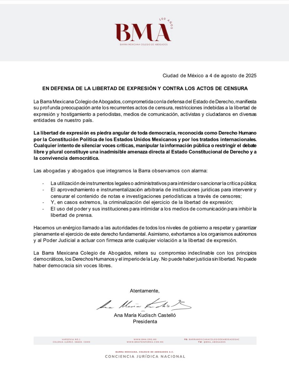 ⚠️⚠️Ante inadmisibles y recurrentes actos de censura dirigidos desde el poder político contra periodistas y medios de comunicación, la <a href="/BMA_Abogados/">Barra Mexicana, Colegio de Abogados A.C.</a> hace un enérgico llamado‼️La libertad de expresión es un derecho humano y su respeto es una condición esencial de la democracia.