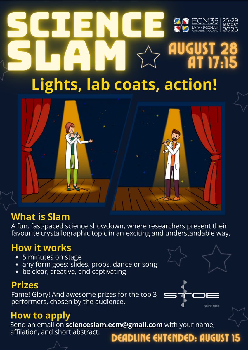 🚨 Science Slam @ECM35 -  deadline extended to August 15th!

🎤Don't miss a chance to have some  fun and win amazing prizes that  <a href="/STOE_News/">STOE</a> prepared!  🥇🥈🥉🏆

📧Send your application to  scienceslam.ecm@gmail.com

We are waiting for you! 🫵