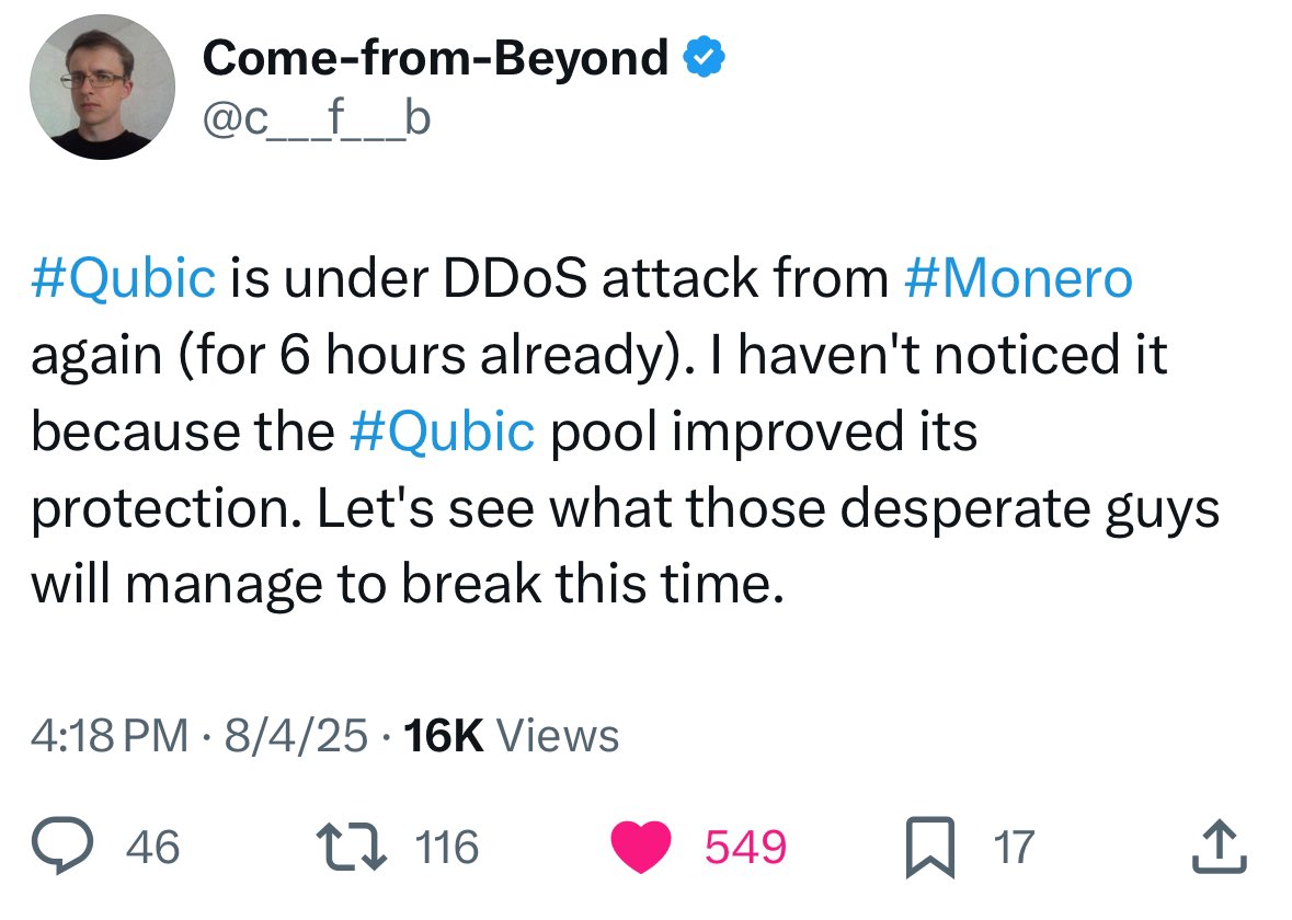 QuBi (@5267eth) on Twitter photo 🚨 $QUBIC sustained a 6 hour $XMR attack!
<a href="/c___f___b/">Come-from-Beyond</a> confirmed;
🛡️ Pool upgrades? Working flawlessly.
💀 Desperate moves from fading projects were not even noticed
Again we are talking about $XMR a 6 Billion Market caped project who is 10 years old!
This shows that $QUBIC is 🚨 $QUBIC sustained a 6 hour $XMR attack!
<a href="/c___f___b/">Come-from-Beyond</a> confirmed;
🛡️ Pool upgrades? Working flawlessly.
💀 Desperate moves from fading projects were not even noticed
Again we are talking about $XMR a 6 Billion Market caped project who is 10 years old!
This shows that $QUBIC is