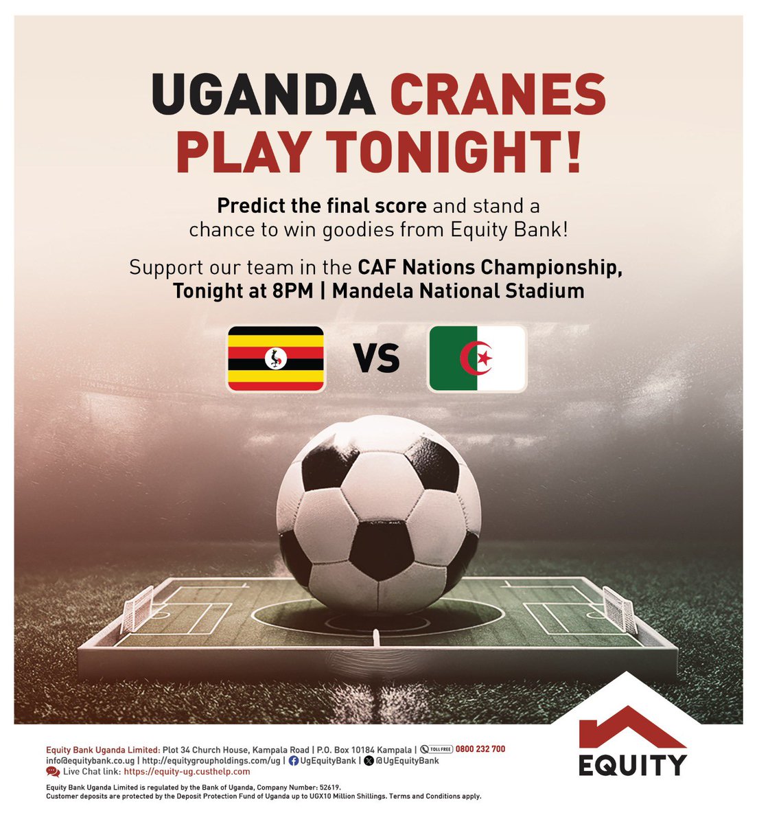 UGANDA CRANES PLAY TONIGHT!

Drop your score predictions in the comments for a chance to win exciting goodies from Equity Bank Uganda!

Our prediction? Uganda 2 - Algeria 0 💪🏾

What’s yours? 😃

#EquityBankUganda