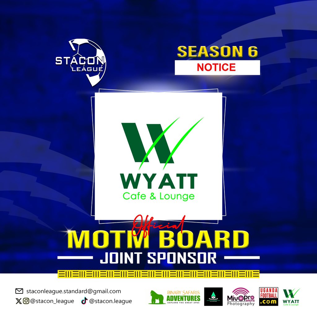 STACON LEAGUE (@stacon_league) on Twitter photo We officially unveil the two joint sponsor for the Season 6 Man of the Match board
<a href="/binarysafaris/">Binary Safaris Adventures</a> and <a href="/WyattResidences/">WYATT RESIDENCES</a> Cafe and Lounge.
#SN6BacktoOurRootsEdition We officially unveil the two joint sponsor for the Season 6 Man of the Match board
<a href="/binarysafaris/">Binary Safaris Adventures</a> and <a href="/WyattResidences/">WYATT RESIDENCES</a> Cafe and Lounge.
#SN6BacktoOurRootsEdition