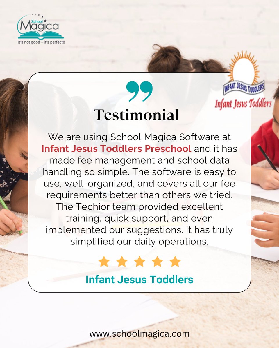 TechiorSolution's tweet image. 🌟 Hear from our happy clients!
Infant Jesus Toddlers Preschool shares how School Magica transformed their fee management and school data handling.
👉 schoolmagica.com
#SchoolERP #SchoolSoftware #EducationTechnology #SchoolAutomation #SchoolMagica