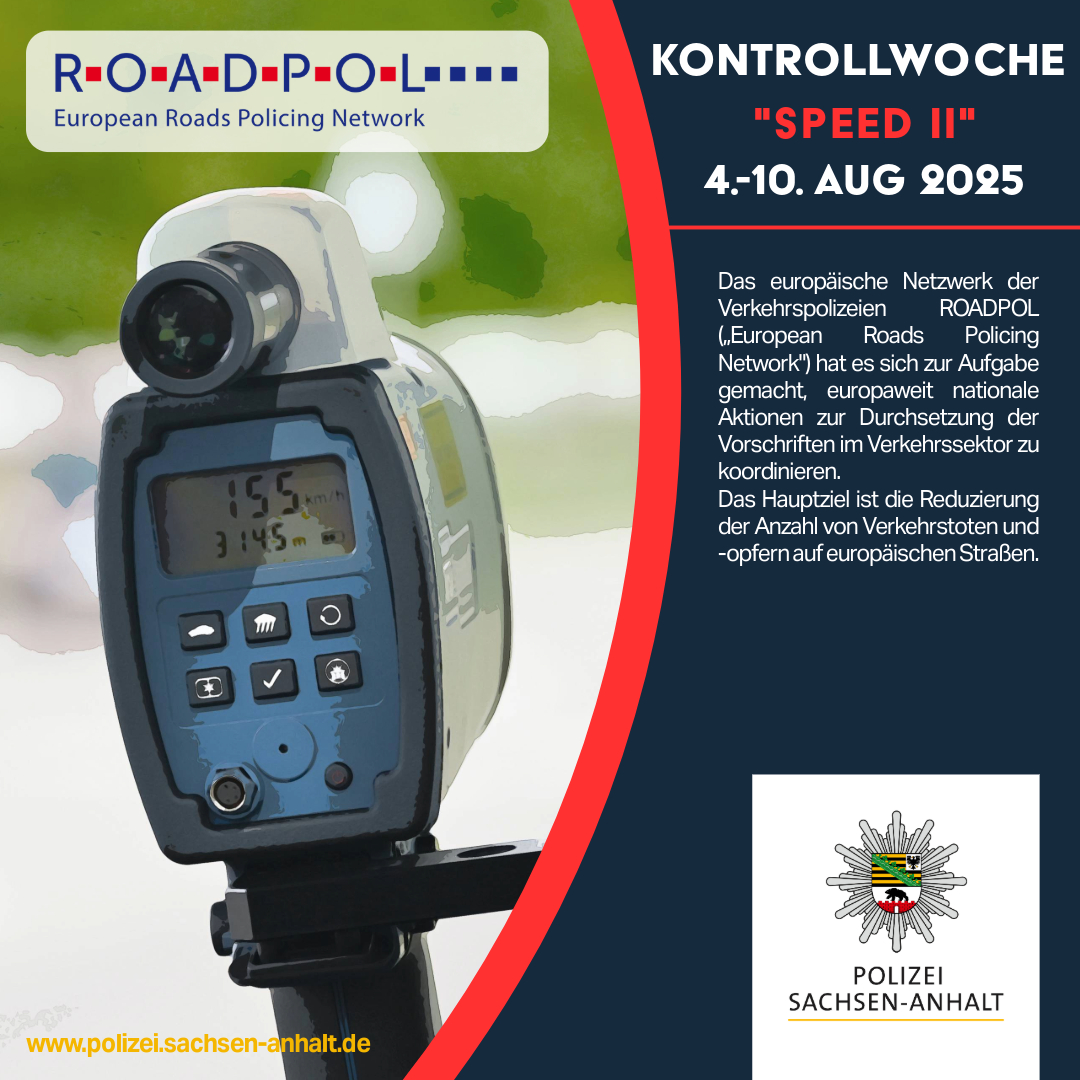 Polizei Dessau-Roßlau (@polizei_dero) on Twitter photo Auch die <a href="/Polizei_DeRo/">Polizei Dessau-Roßlau</a> beteiligt sich diese Woche an der zweiten europaweiten Kontrollwoche „Speed“ des <a href="/roadpol_eu/">@ROADPOL_EU</a> - Netzwerks.
Es ist im gesamten Bereich verstärkt mit Geschwindigkeitskontrollen zu rechnen.
Das Ziel: Mehr #Verkehrssicherheit ⚠️
Fahren Sie vorsichtig! Auch die <a href="/Polizei_DeRo/">Polizei Dessau-Roßlau</a> beteiligt sich diese Woche an der zweiten europaweiten Kontrollwoche „Speed“ des <a href="/roadpol_eu/">@ROADPOL_EU</a> - Netzwerks.
Es ist im gesamten Bereich verstärkt mit Geschwindigkeitskontrollen zu rechnen.
Das Ziel: Mehr #Verkehrssicherheit ⚠️
Fahren Sie vorsichtig!