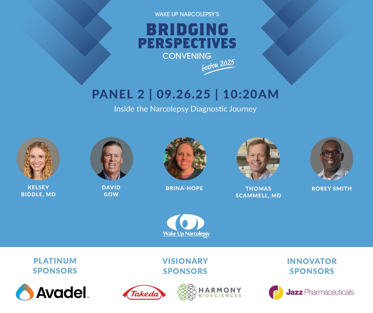 Wake Up Narcolepsy (@wakenarcolepsy) on Twitter photo Take a look at the second panel from our #BridgingPerspectives Convening: Inside the #Narcolepsy Diagnostic Journey🌟
Learn more & register for the Boston event: onecau.se/wunbridgingper…
Sponsors: <a href="/AvadelPharma/">Avadel Pharmaceuticals</a> <a href="/TakedaPharma/">Takeda</a> <a href="/HarmonyBio/">Harmony Biosciences</a> <a href="/JazzPharma/">Jazz Pharmaceuticals</a> <a href="/Alkermes/">Alkermes</a> <a href="/axsome/">Axsome Therapeutics</a> <a href="/centessa/">Centessa Pharmaceuticals</a> Take a look at the second panel from our #BridgingPerspectives Convening: Inside the #Narcolepsy Diagnostic Journey🌟
Learn more & register for the Boston event: onecau.se/wunbridgingper…
Sponsors: <a href="/AvadelPharma/">Avadel Pharmaceuticals</a> <a href="/TakedaPharma/">Takeda</a> <a href="/HarmonyBio/">Harmony Biosciences</a> <a href="/JazzPharma/">Jazz Pharmaceuticals</a> <a href="/Alkermes/">Alkermes</a> <a href="/axsome/">Axsome Therapeutics</a> <a href="/centessa/">Centessa Pharmaceuticals</a>