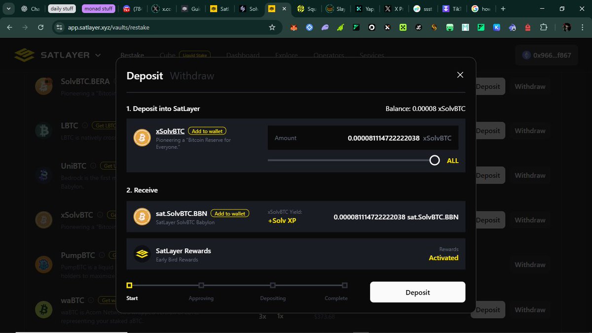Tom (@0xtomiwa) on Twitter photo gsat to all satlayer believers, as we all know, satlayer tge is fast approaching and It's $SLAY season.
Today I'll be putting you on and giving you a detailed breakdown on how to restake with <a href="/satlayer/">SatLayer 🟨🧊</a> #satlayerrestakechill
For this guide, i'll be using the xSolvBTC vault on gsat to all satlayer believers, as we all know, satlayer tge is fast approaching and It's $SLAY season.
Today I'll be putting you on and giving you a detailed breakdown on how to restake with <a href="/satlayer/">SatLayer 🟨🧊</a> #satlayerrestakechill
For this guide, i'll be using the xSolvBTC vault on