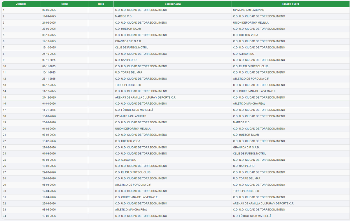 Calendario de la <a href="/UDCTOFICIAL/">UDC Torredonjimeno</a> para la Temporada 25/26 en #TerceraDivGr9.