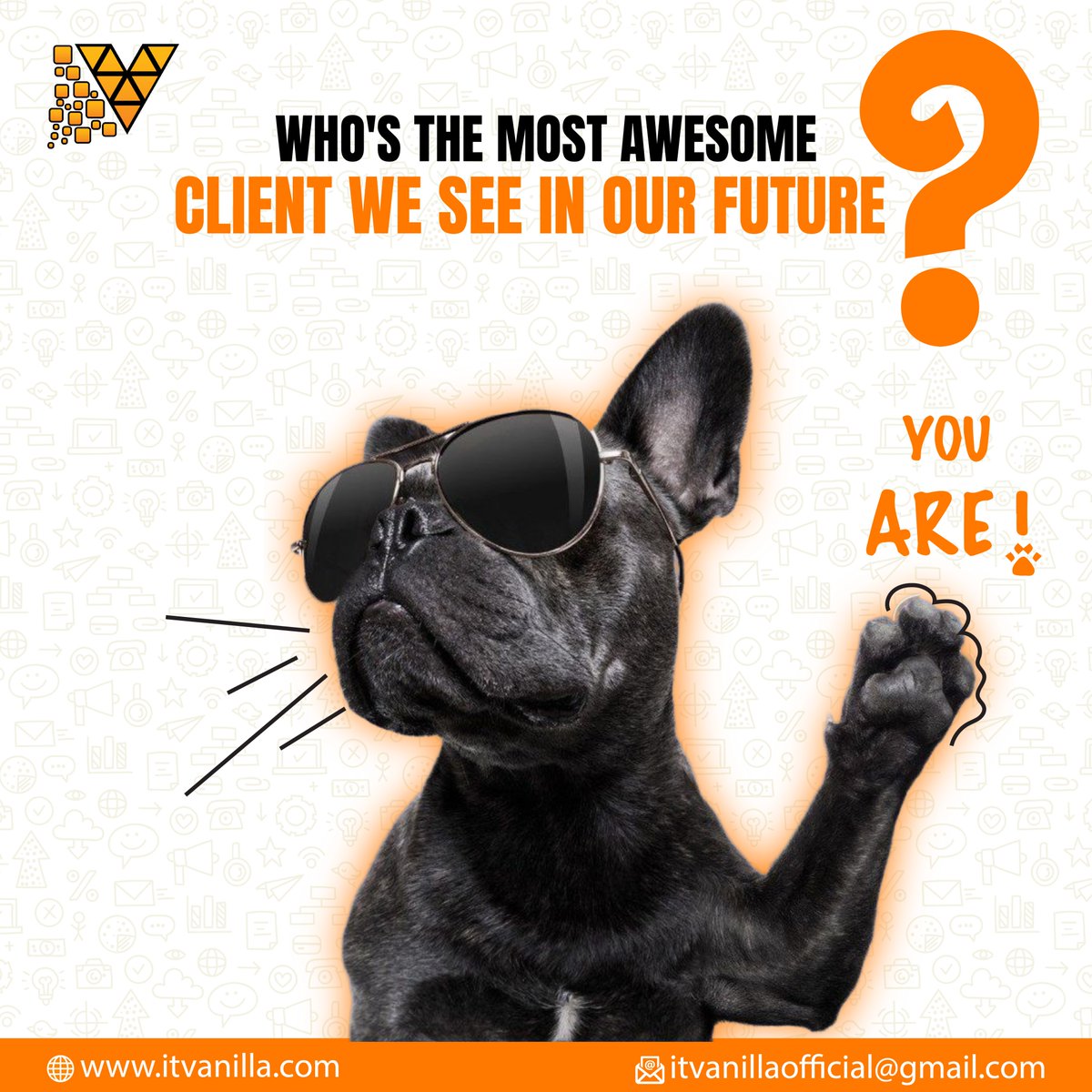 ITvanilla1's tweet image. 🌟 Who&apos;s the Most Awesome Client We See in Our Future?
👉 YOU ARE!
At IT Vanilla, we don’t just see clients — we see partners, collaborators, and future success stories. 🧡
If you&apos;re ready to level up your brand with creative solutions, we&apos;re ready to bring your vision to life