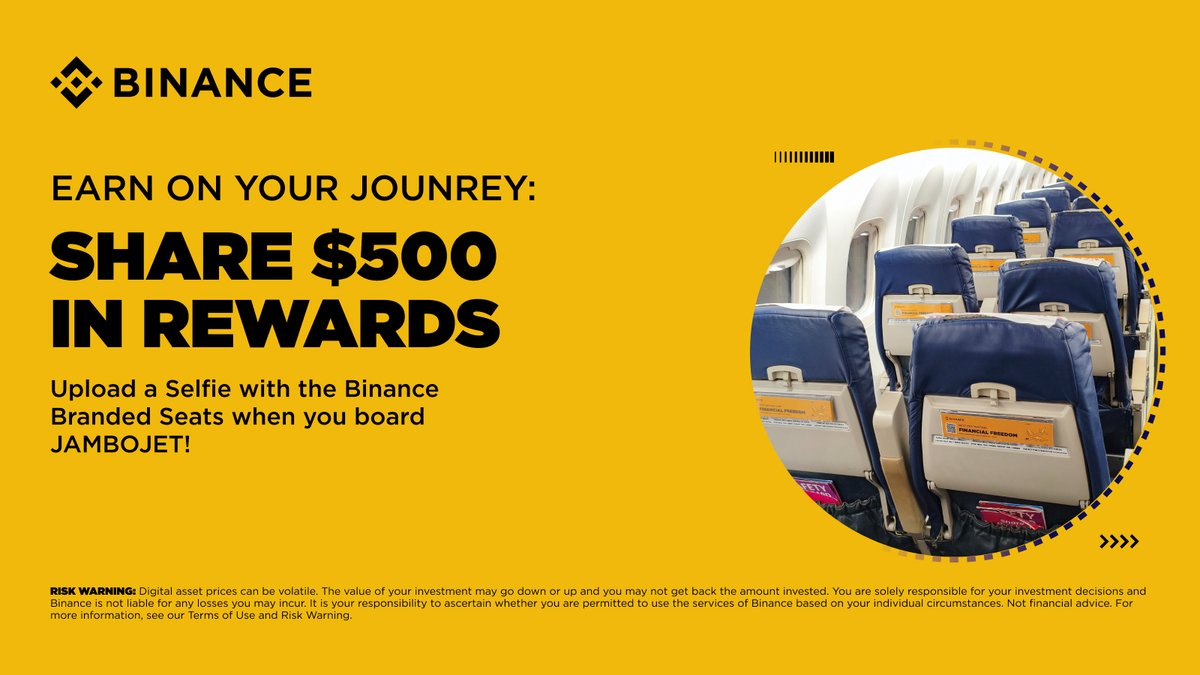 Binance Africa (@binanceafrica) on Twitter photo Flying soon? 🇰🇪 Spot #Binance branding on your
<a href="/FlyJambojet/">FlyJambojet</a> flight and WIN a share of $500!
3️⃣ Easy steps to enter:
1. Follow @binanceafrica + Repost this post
2. 📸 selfie with #Binance-branded materials aboard JamboJet ✈️
3. Post with #BinanceDestination and tag us
🎁 25 Flying soon? 🇰🇪 Spot #Binance branding on your
<a href="/FlyJambojet/">FlyJambojet</a> flight and WIN a share of $500!
3️⃣ Easy steps to enter:
1. Follow @binanceafrica + Repost this post
2. 📸 selfie with #Binance-branded materials aboard JamboJet ✈️
3. Post with #BinanceDestination and tag us
🎁 25
