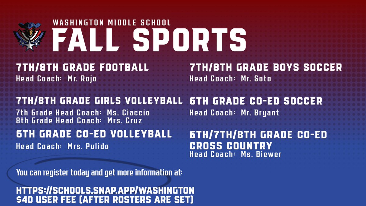 Happy Monday, Generals!
⚽🏐🏃‍♂️ Did you know this Thursday is Sports Registration Night from 3–5 PM?
✅ Meet a coach
📄 Drop off a physical
❓ Ask questions

Register now 👉 schools.snap.app/washington
#TheGeneralWay #FallSports #GoGenerals
