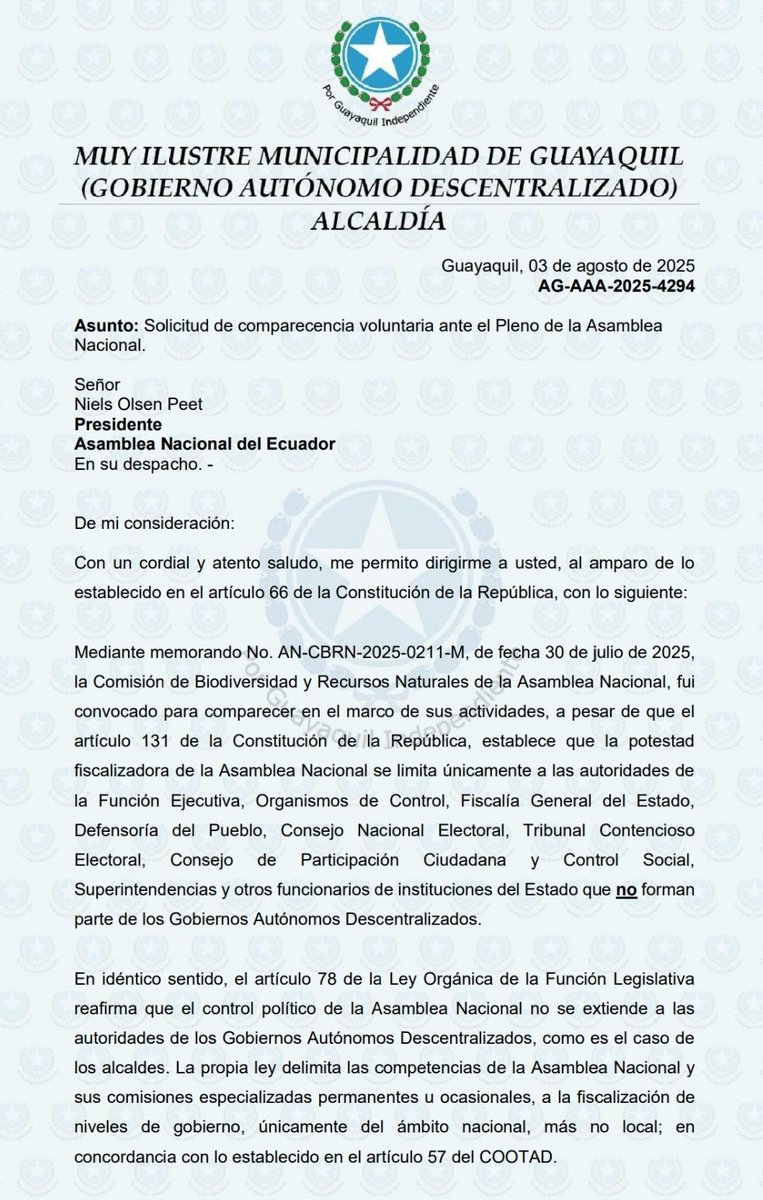 EcEnDirecto's tweet image. #URGENTE 
El alcalde @aquilesalvarez, solicitó formalmente comparecer ante la @AsambleaEcuador, para presentar un informe #transparente sobre el #progreso de su administración. La acción busca visibilizar las iniciativas municipales a nivel nacional, lo que refuerza su…