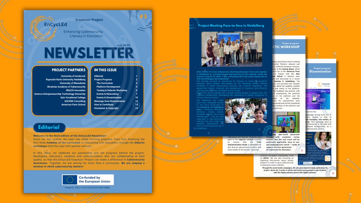 encycled_proj's tweet image. 📢 Good news!

The third edition of the #EnCycLEd #ErasmusPlusProject Newsletter is now available, providing updates on the project&apos;s progress and insights into next steps.📬

#Erasmusplus #cybersecurityawareness  #cybersecurity #cybersecurityeducation #digital