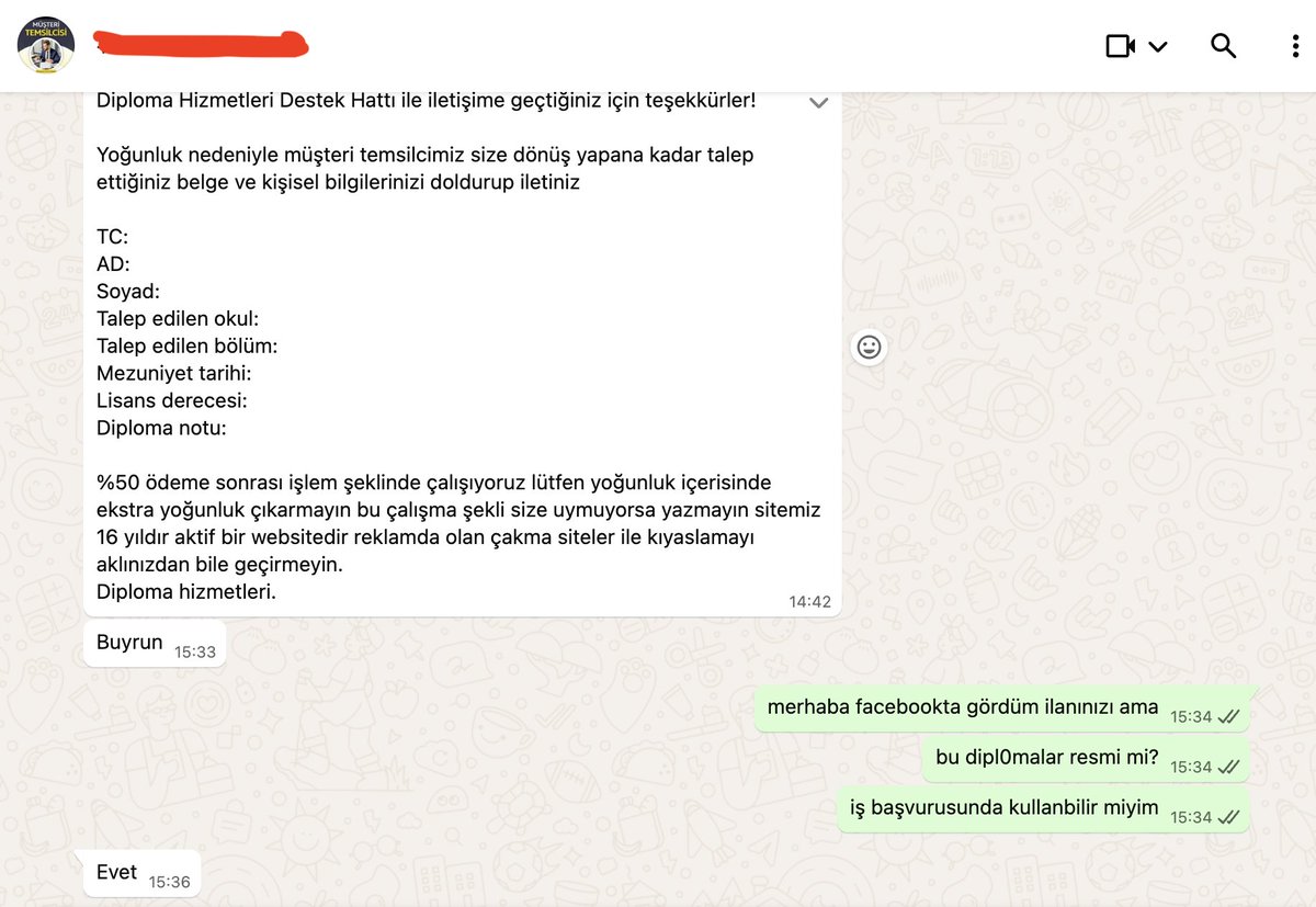 Biz sahte diploma meselesini konuşurken anlaşılan sistem işlemeye devam ediyor. İnternette kısa bir arama yaparak diploma sağlayacaklarını belirten insanlara ulaşmam 5 dakikamı aldım. Aramızda geçen konuşma👇