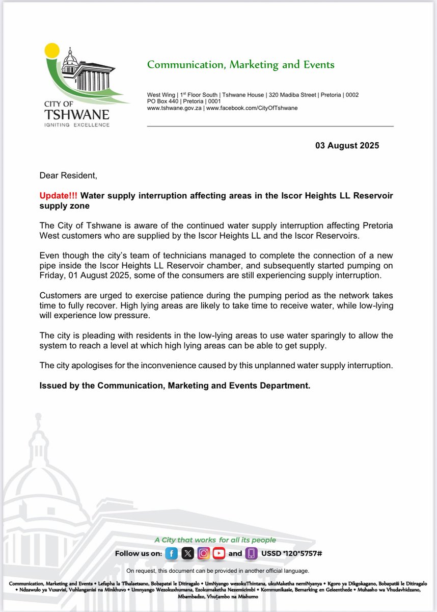 Dr Nasiphi Moya (@nasiphim) on Twitter photo City of Tshwane teams are working to resolve supply issues from the Iscor Heights LL Reservoir. Areas in Pretoria West are affected by the supply interruption. We apologise for the inconvenience. <a href="/CityTshwane/">City of Tshwane</a> City of Tshwane teams are working to resolve supply issues from the Iscor Heights LL Reservoir. Areas in Pretoria West are affected by the supply interruption. We apologise for the inconvenience. <a href="/CityTshwane/">City of Tshwane</a>