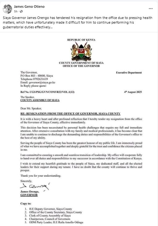 Claim: Siaya Governor <a href="/orengo_james/">James Orengo</a>  tendered his resignation following pressing health matters that have affected his ability to govern.

Fact-Check: No, Siaya Governor James Orengo has not resigned.
Summary: To arrive at this conclusion, an official phone call was placed to the