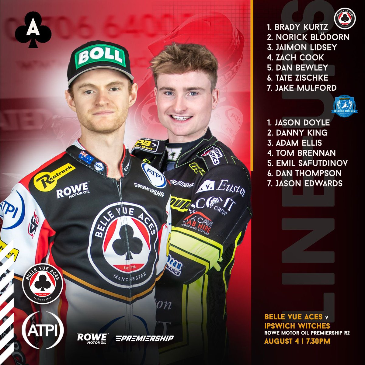 Belle Vue Speedway (@theaces) on Twitter photo ๐ง๐ฒ๐ฎ๐บ๐ ๐ณ๐ผ๐ฟ ๐๐ผ๐ป๐ถ๐ด๐ต๐โฆ
๐จ UPDATE: Jaimon Lidsey has been ruled out with a shoulder injury. Rider replacement will be utilised.
โ๏ธ The weather is sunny at the NSS and excellent forecast.
โฃ๏ธ ATPI Aces ๐
๐ง Ipswich Witches.
๐๏ธ Monday, August 4, 7.30pm.
๐ ๐ง๐ฒ๐ฎ๐บ๐ ๐ณ๐ผ๐ฟ ๐๐ผ๐ป๐ถ๐ด๐ต๐โฆ
๐จ UPDATE: Jaimon Lidsey has been ruled out with a shoulder injury. Rider replacement will be utilised.
โ๏ธ The weather is sunny at the NSS and excellent forecast.
โฃ๏ธ ATPI Aces ๐
๐ง Ipswich Witches.
๐๏ธ Monday, August 4, 7.30pm.
๐