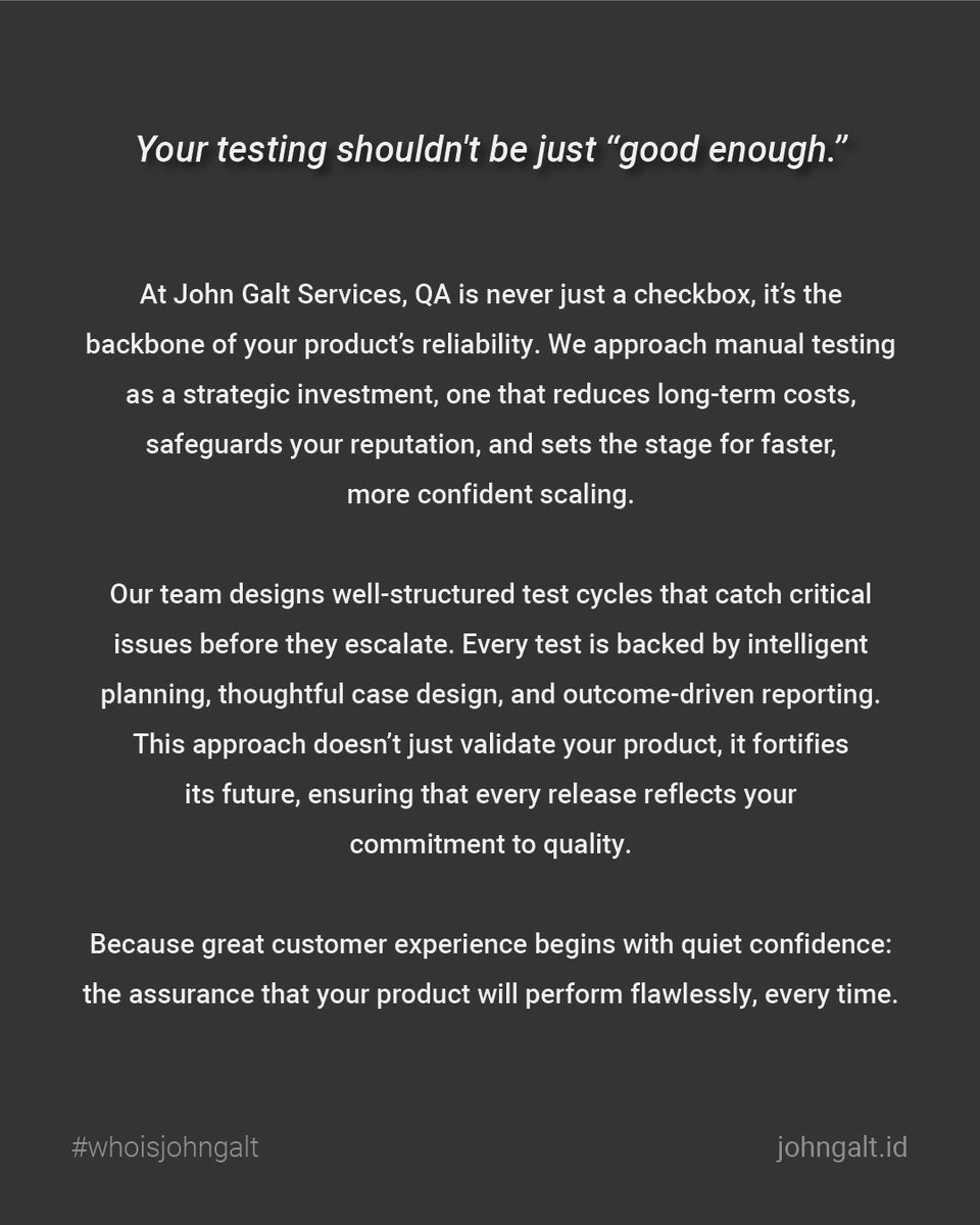 Most companies treat QA as a last-minute task, but smart teams turn it into a competitive advantage. At JGS, we transform manual testing into a strategic asset that protects your brand, reduces risk, and accelerates growth.

If you’re ready to:

✅ Ship with confidence
✅ Reduce