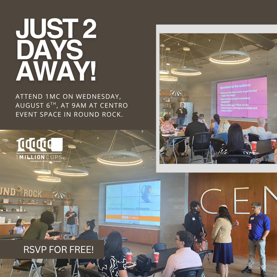 ⏳ This Wednesday, August 6, we’re gathering for another round of inspiration, innovation, and community at 1 Million Cups Round Rock!

Don’t miss your chance to connect and contribute.
📍Centro Event Space | 🕘 9–10 AM | ☕ Free to attend
eventbrite.com/e/140215105454…