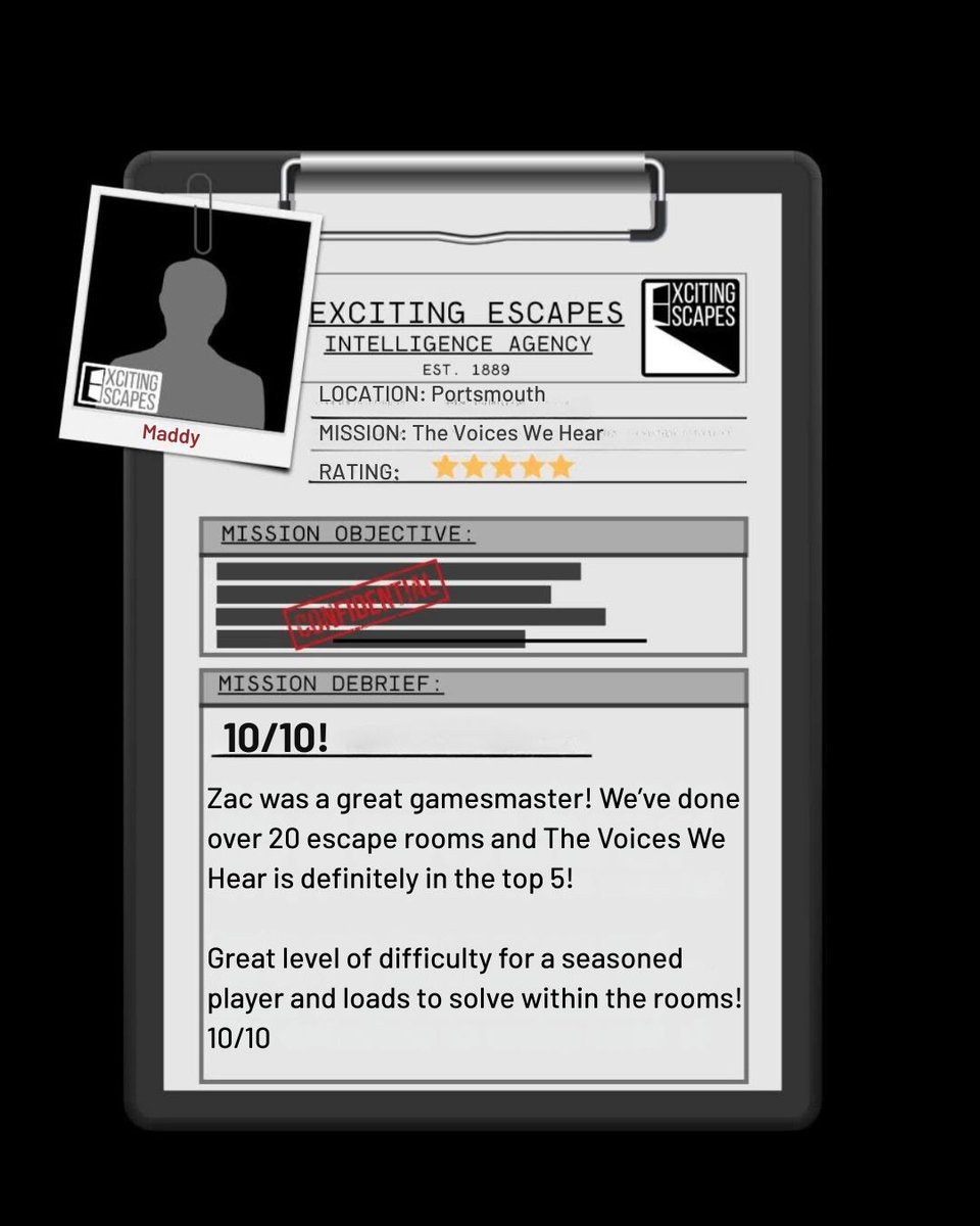 This week's review comes from Agent Maddy who took on "The Voices We Hear." 🕵️👍
Thank you for the review and excellent work on your mission! 👍

Want to take on the challenge for yourself? 🤔
Book Now: buff.ly/JM0URdL
#escaperooms #tripadvisor #familyfun  #Portsmouth