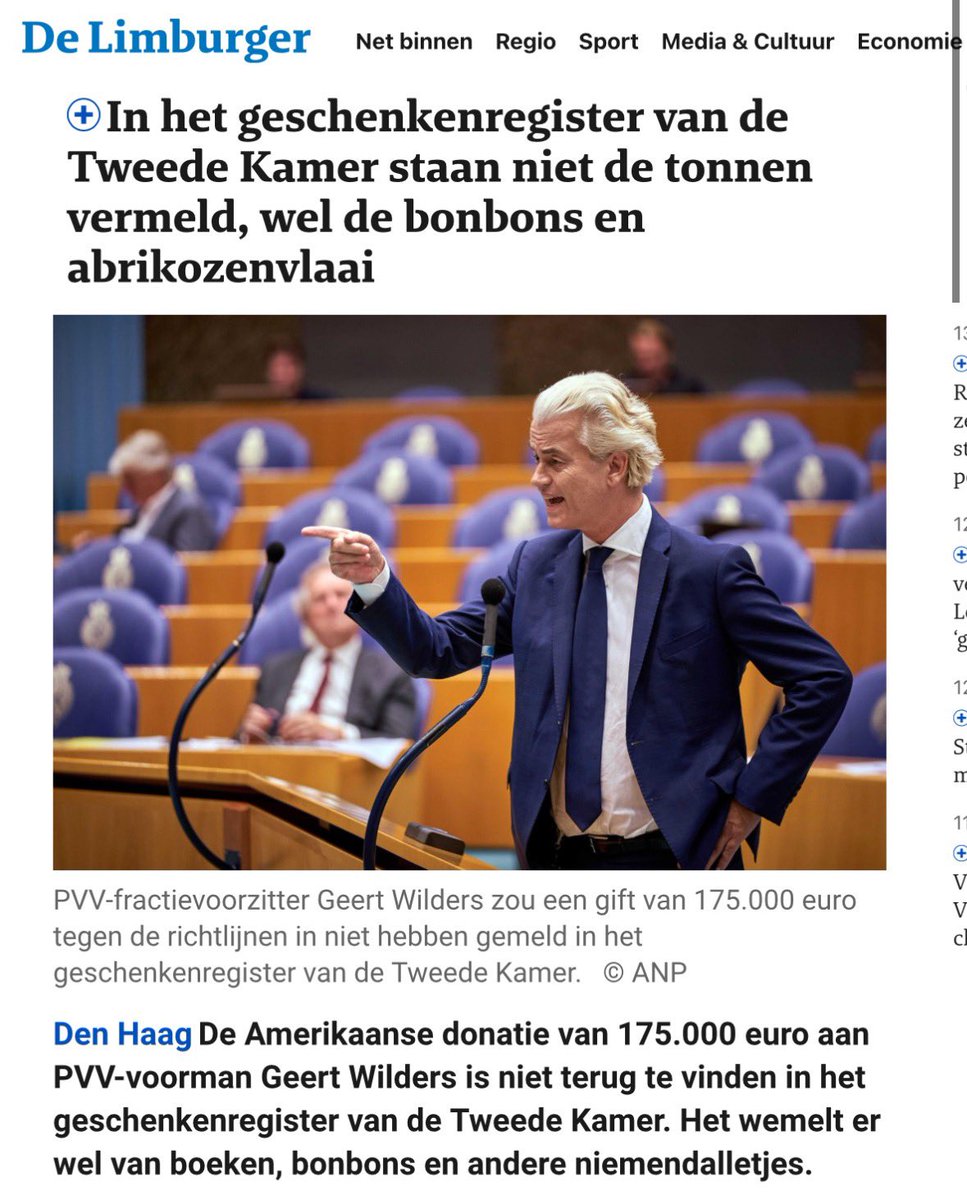 Geert Wilders meldde een donatie van €175.000,- niet aan het geschenkenregister van de Tweede Kamer. Wel een abrikozenvlaai.