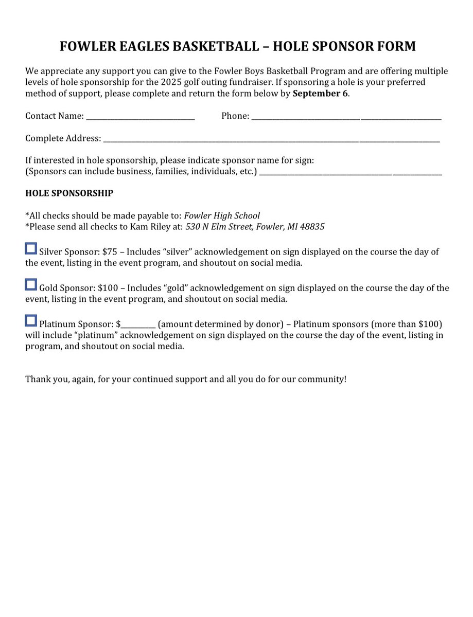 Fowler Boys Basketball (@fowlerboyshoops) on Twitter photo Spots are filling up. Register today to reserve your spot!
If you’re interested in sponsoring a hole, please reach out to Kam Riley at kriley@fowlerschools.net or 989-640-3139. Spots are filling up. Register today to reserve your spot!
If you’re interested in sponsoring a hole, please reach out to Kam Riley at kriley@fowlerschools.net or 989-640-3139.