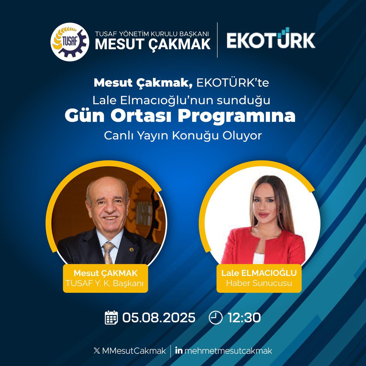 5 Ağustos 2025 Salı günü saat 12:30'da Ekotürk ekranlarında, Lale Elmacıoğlu’nun sunduğu Gün Ortası programının canlı yayın konuğu olacağım. 

Sizleri bu yayına bekliyorum. 

<a href="/UnFederasyonu/">Un Sanayicileri</a> #GünOrtası #Ekotürk #CanlıYayın #TUSAF