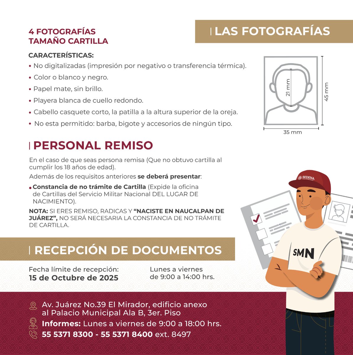 🫡 Sirve y cumple tu deber ¡Realiza tu Servicio Militar!
Preséntate a la Junta Municipal de Reclutamiento Clase 2007 y Remisos con los siguientes documentos:
#AquíGobiernaLaEsperanza
#Naucalpan