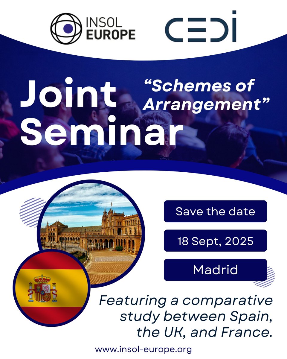 INSOLEurope (@insoleurope) on Twitter photo ๐๏ธ SAVE THE DATE!
๐ช๐ธ Thursday 18 September, Madrid
๐ INSOL Europe and CEDI Joint Seminar
๐ฆ๐ฐ๐ต๐ฒ๐บ๐ฒ๐ ๐ผ๐ณ ๐๐ฟ๐ฟ๐ฎ๐ป๐ด๐ฒ๐บ๐ฒ๐ป๐ - featuring a comparative study between Spain, the UK and France.
Full details soon!
โก๏ธ insol-europe.org/events
#INSOLEurope #InsolvencyPartners ๐๏ธ SAVE THE DATE!
๐ช๐ธ Thursday 18 September, Madrid
๐ INSOL Europe and CEDI Joint Seminar
๐ฆ๐ฐ๐ต๐ฒ๐บ๐ฒ๐ ๐ผ๐ณ ๐๐ฟ๐ฟ๐ฎ๐ป๐ด๐ฒ๐บ๐ฒ๐ป๐ - featuring a comparative study between Spain, the UK and France.
Full details soon!
โก๏ธ insol-europe.org/events
#INSOLEurope #InsolvencyPartners