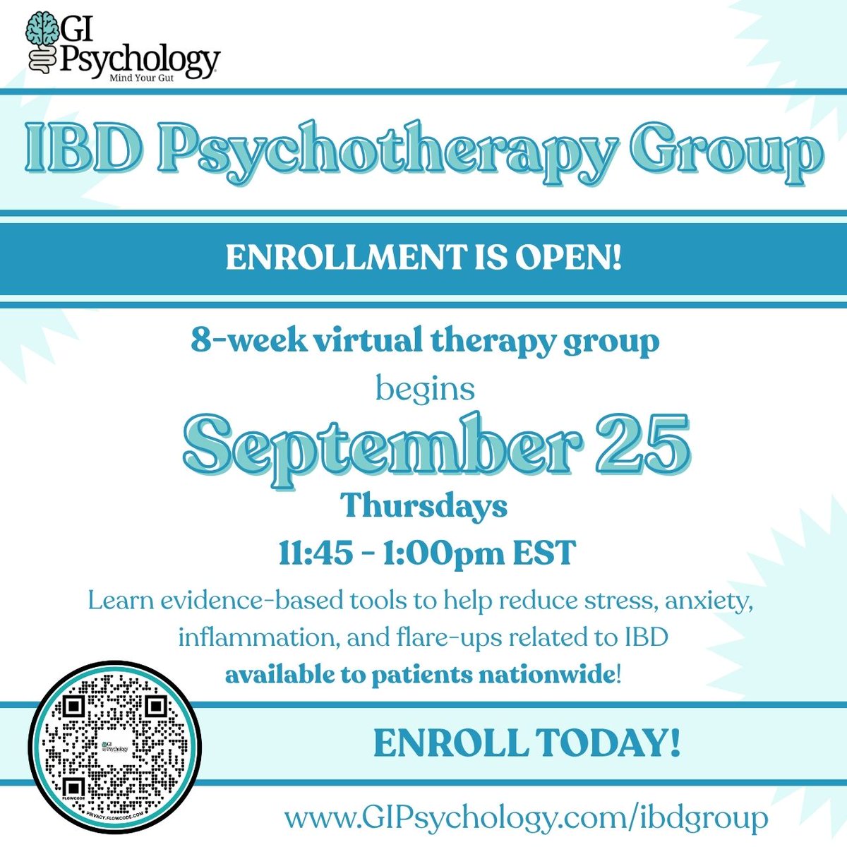 GIPsychUSA's tweet image. The countdown continues for our IBD Psychotherapy Group on September 25. Led by GI Psychology—with @CrohnsColitisFn &amp;amp; @AmCollegeGastro—this group is designed to help you understand and manage your #IBD. Register today: GIPsychology.com/ibdgroup