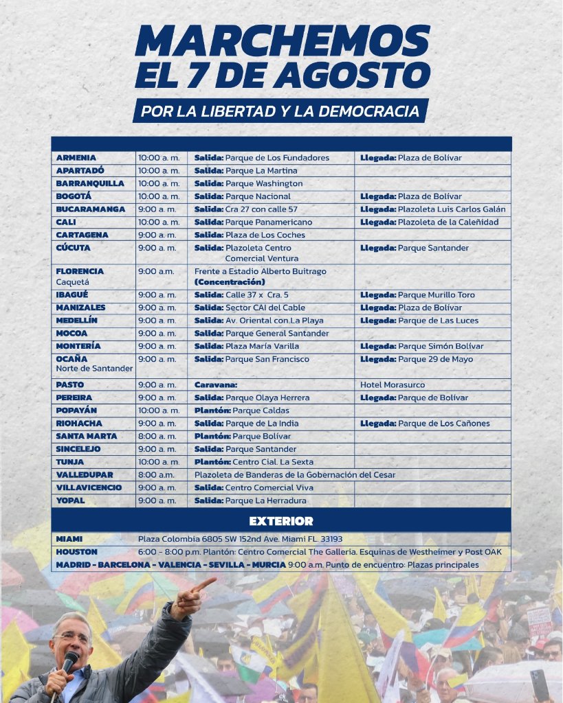 CeDemocratico's tweet photo. Siguen sumándose ciudades a la gran marcha por la democracia y las libertades. 

Todos a la calle el próximo 7 de agosto. 

#UribeInocente https://t.co/rX3IaK3FLx