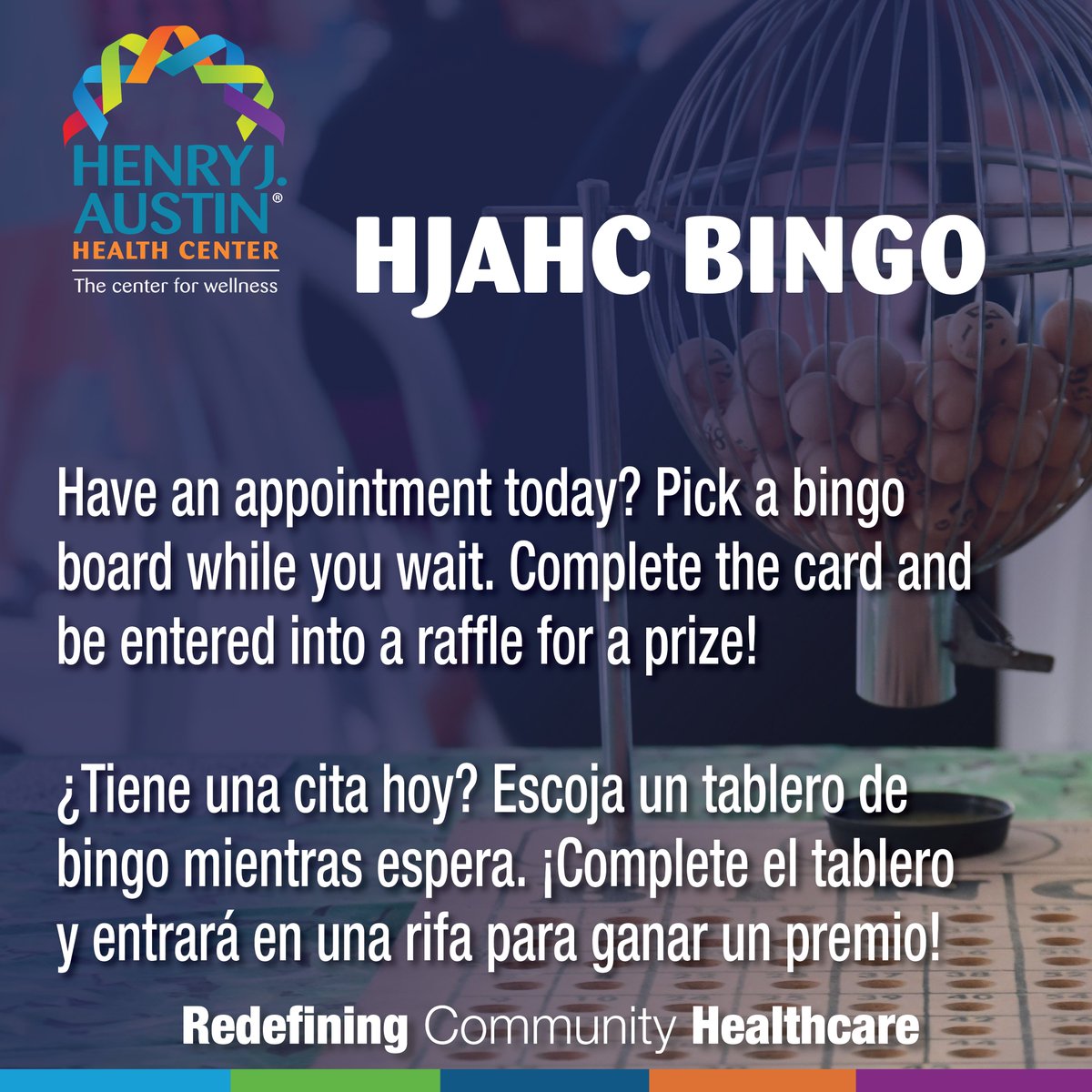 Kick off this National Health Center Week at HJAHC by participating in the fun! Patients are encouraged to pick up a Bingo card at the security desk to learn fun facts about HJAHC and share their experiences. Completed cards will be entered for a chance to win a prize!

#NHCW2025