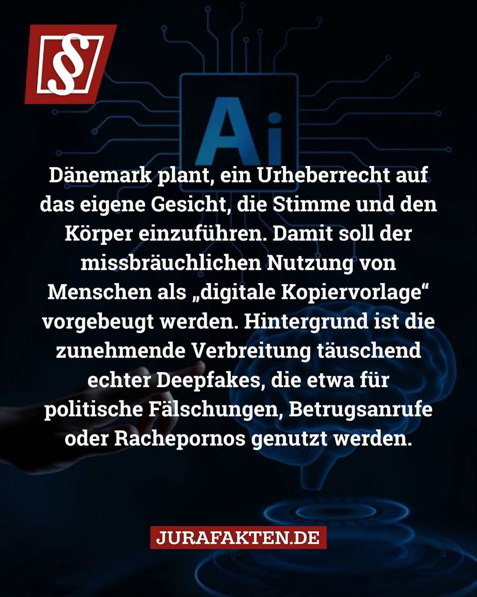 🇩🇰©️🤖Als Waffe gegen #Deepfakes plant #Dänemark ein revolutionäres #Urheberrecht auf den eigenen Körper, die Stimme und das Gesicht. Bleibt zu hoffen, dass bei uns so etwas auch kommt.